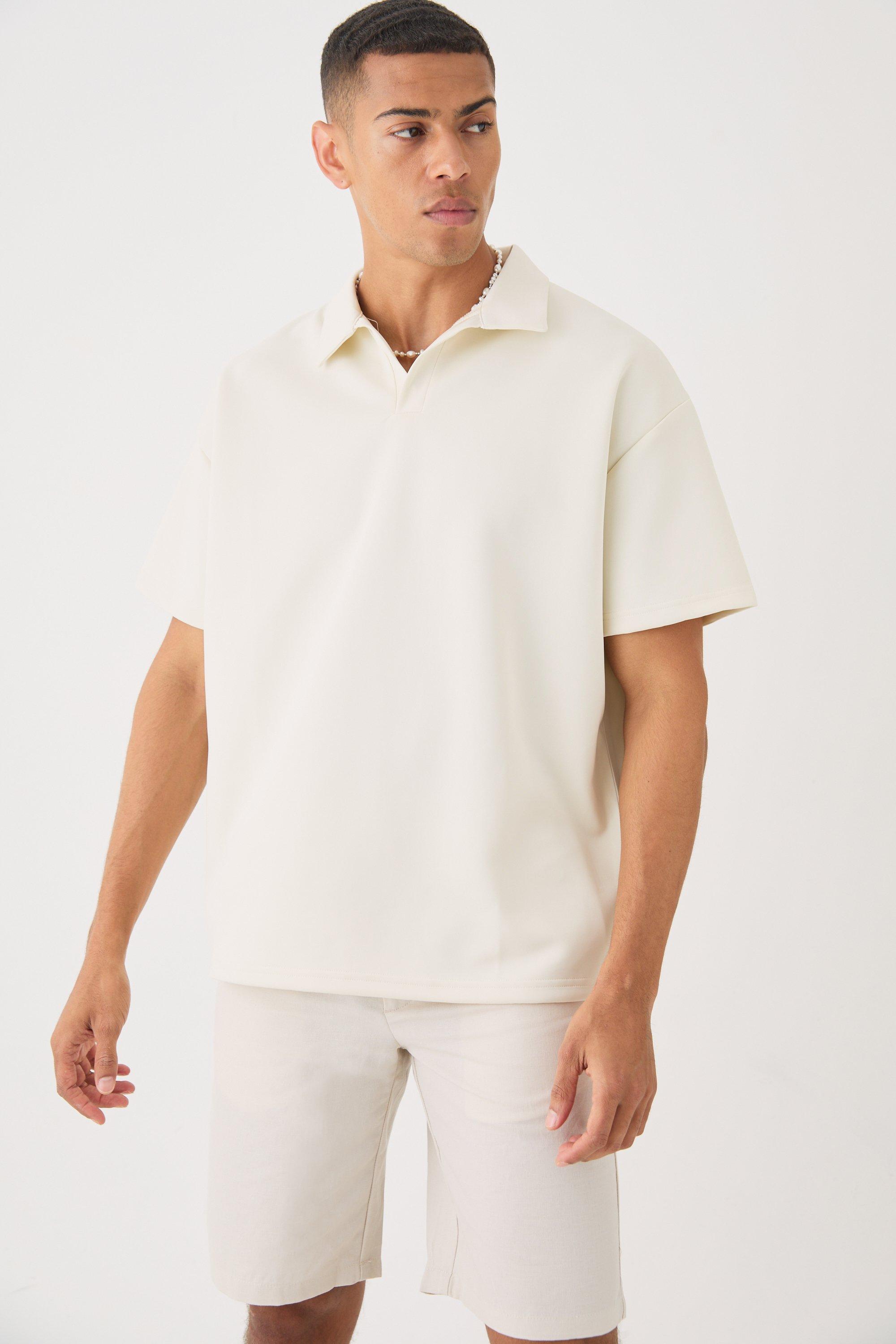 Mens Cream Oversized Revere Scuba Polo, Cream