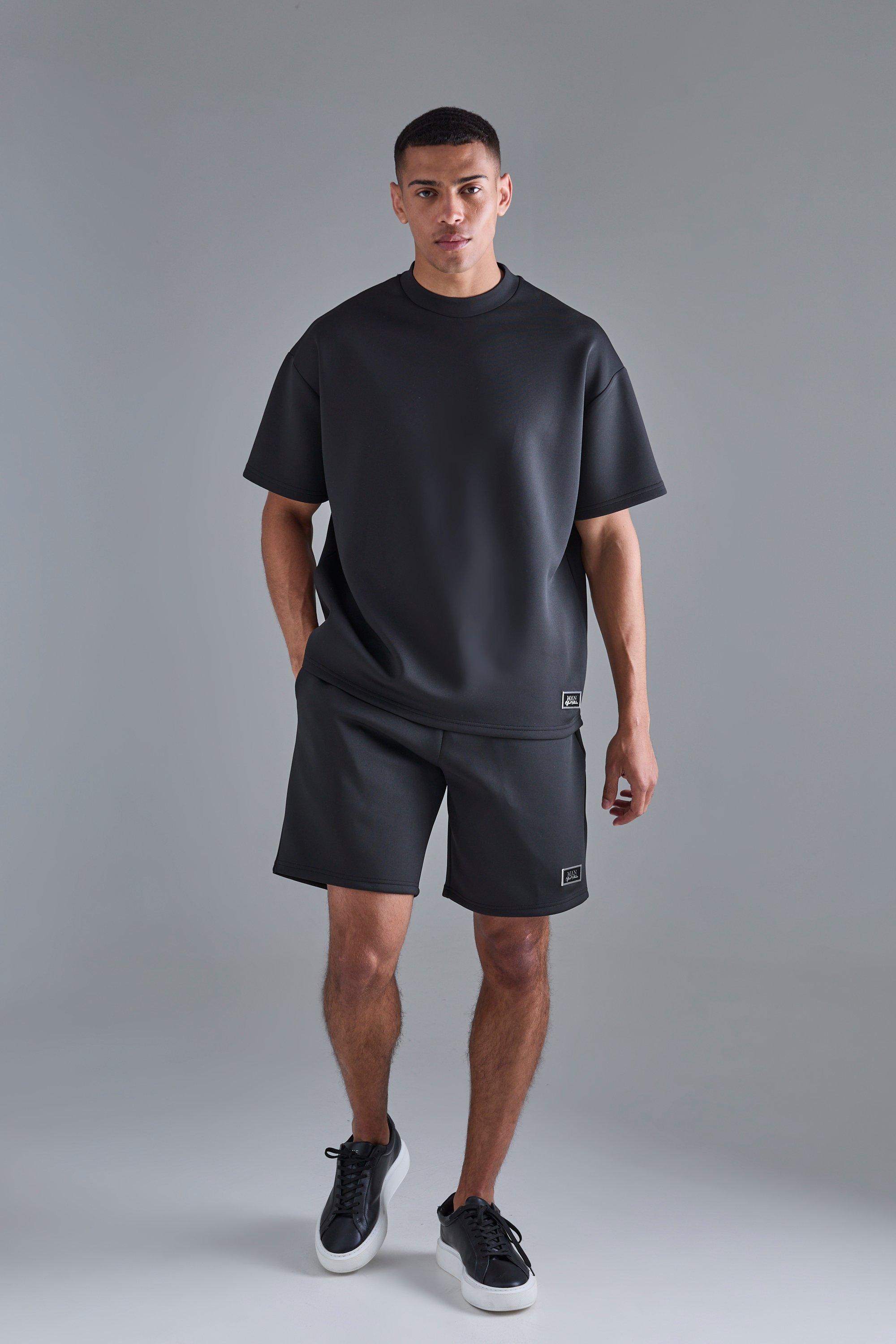 Mens Black Oversized Scuba T-shirt & Relaxed Short Set, Black