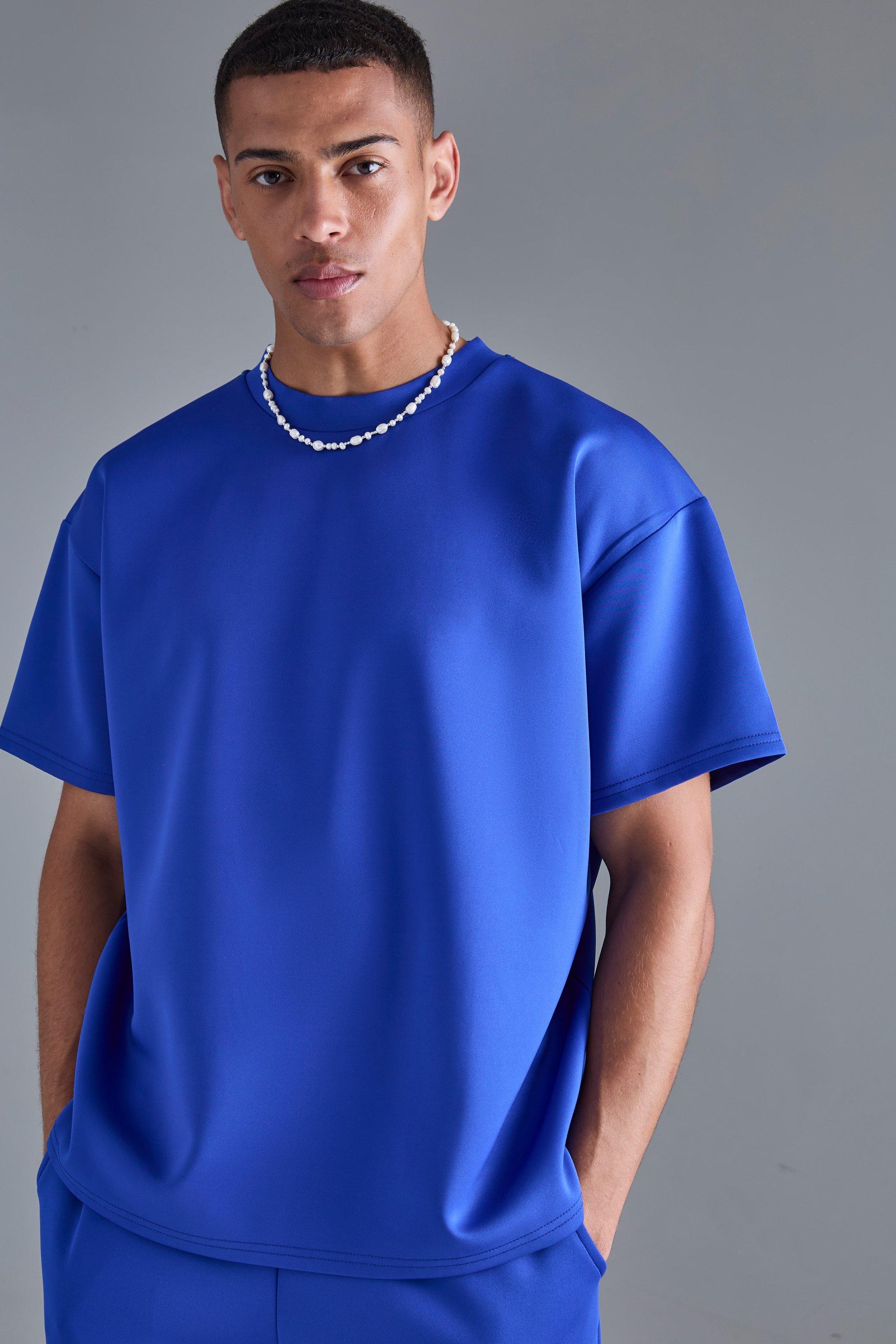 Mens Blue Oversized Extended Neck Scuba T-shirt, Blue