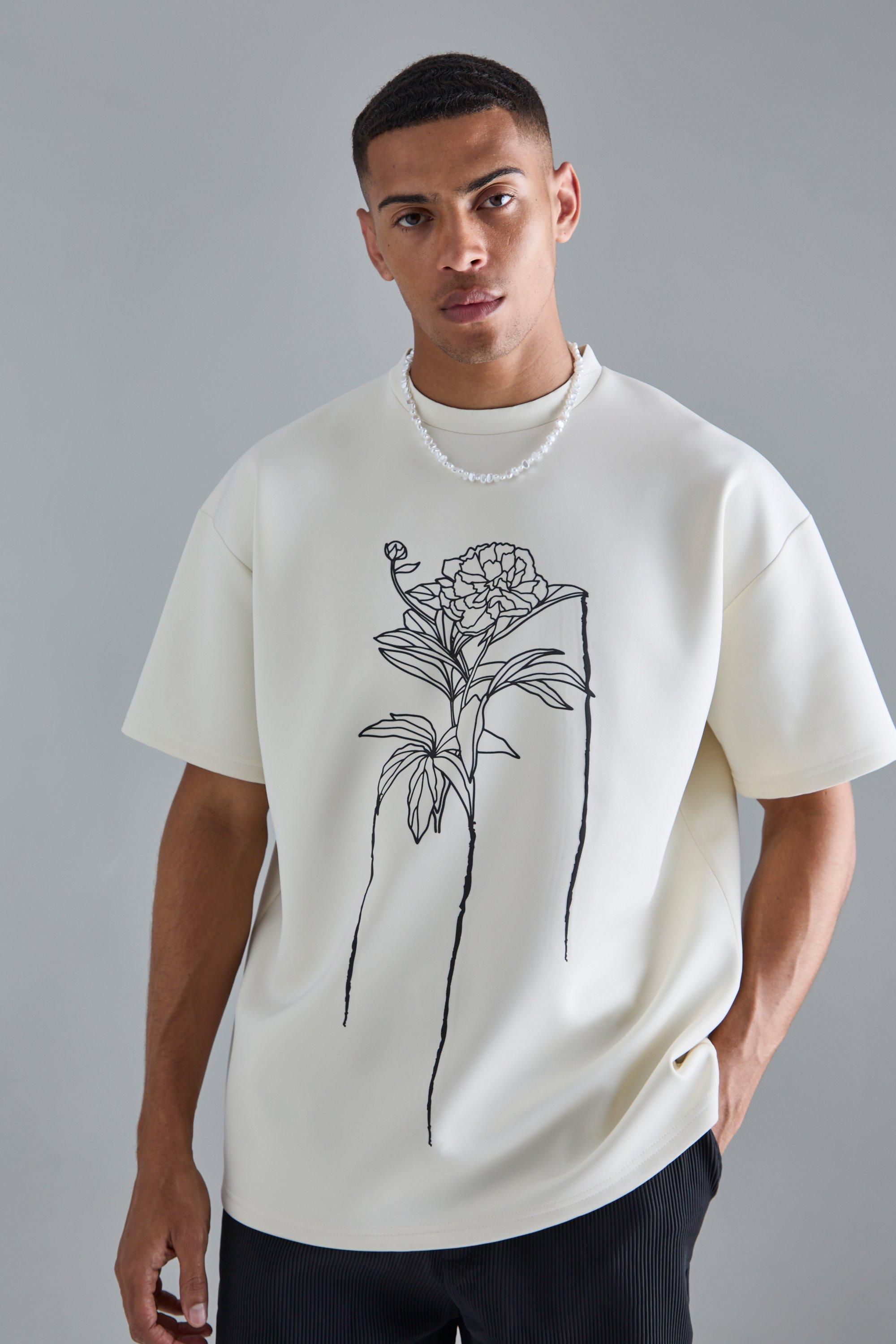 Mens Cream Oversized Floral Line Drawing Scuba T-shirt, Cream