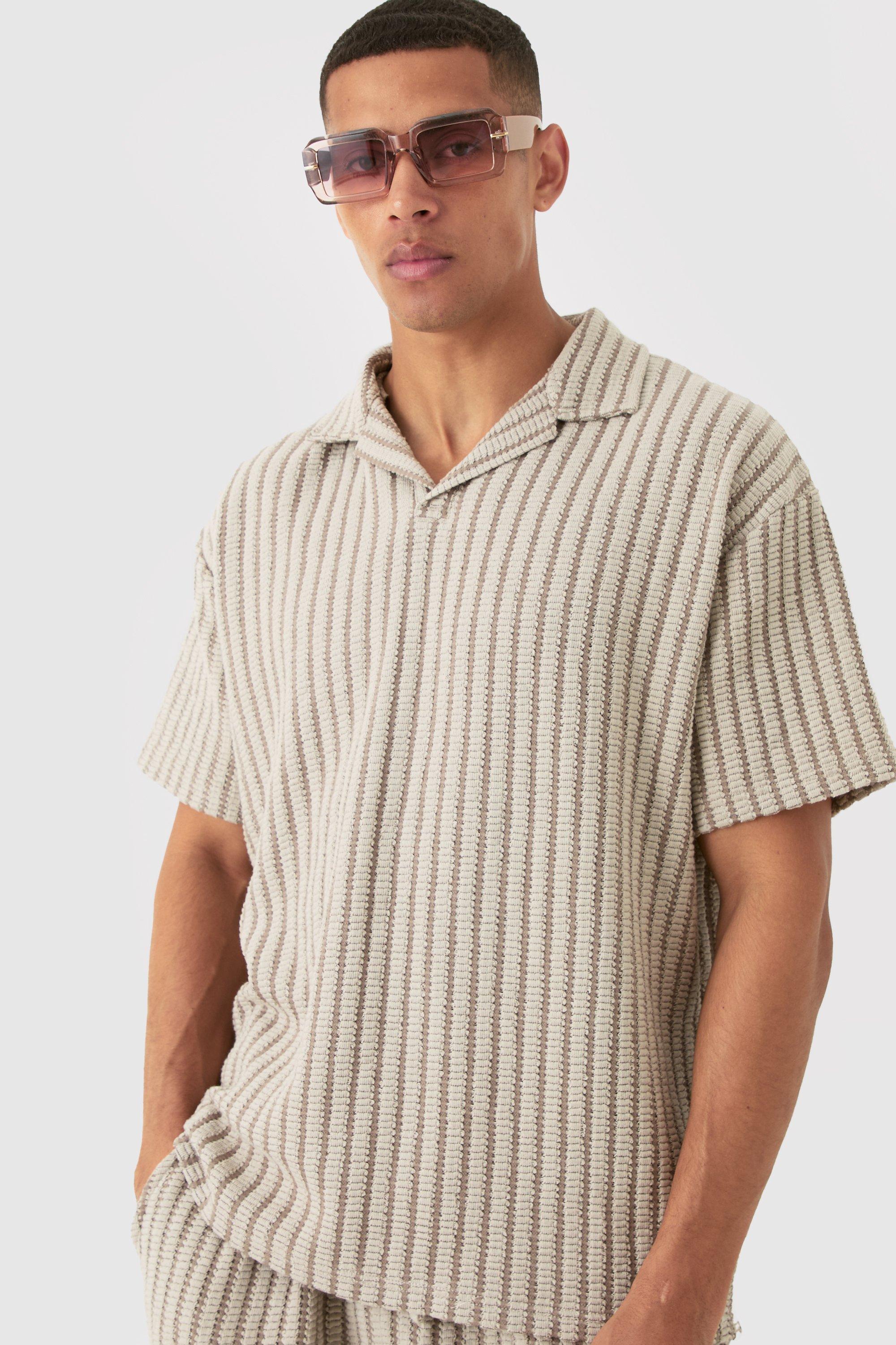 Polo oversize a righe con trama e rever, Beige