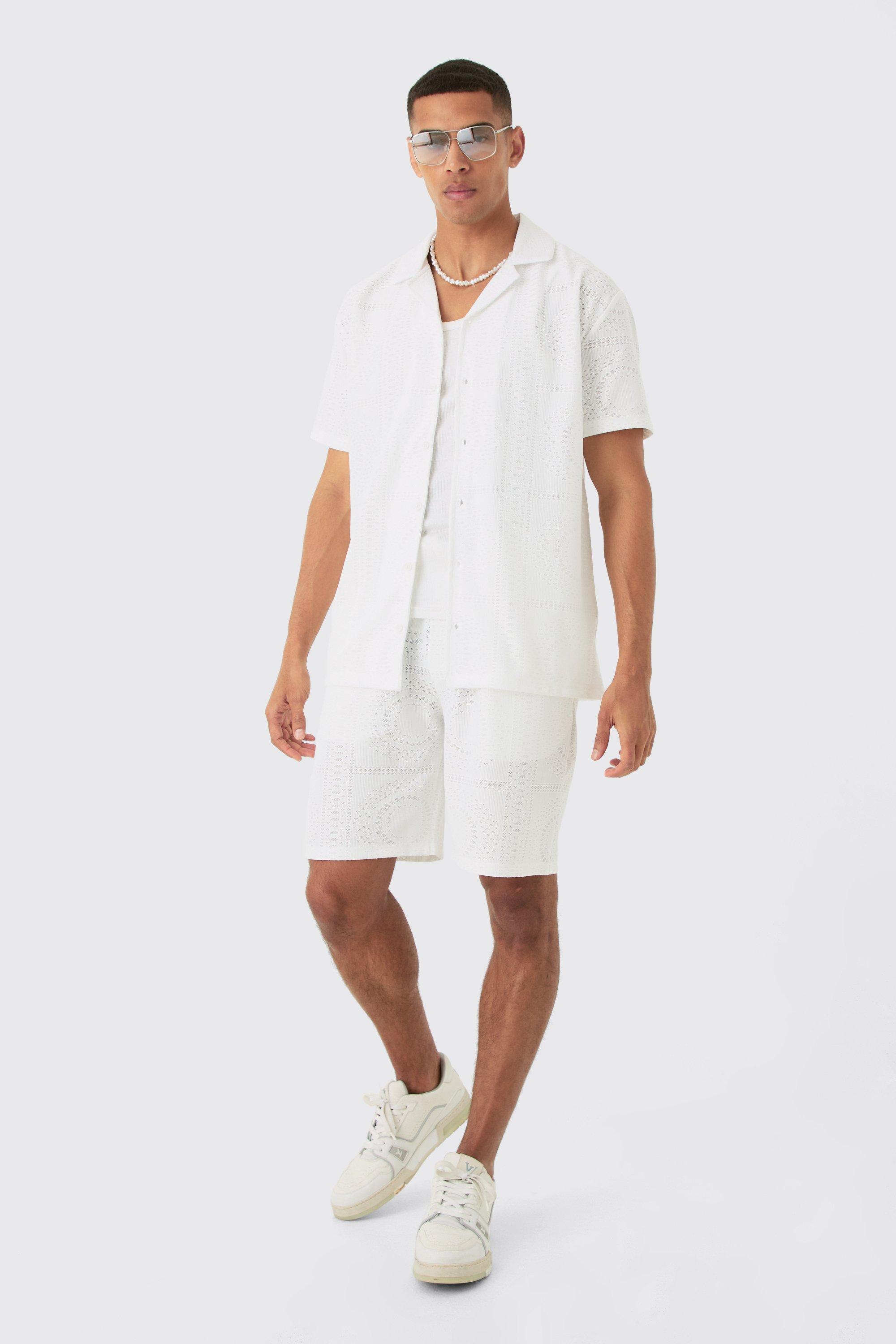 Mens White Oversized Revere Stretch Broderie Shirt & Short Set, White