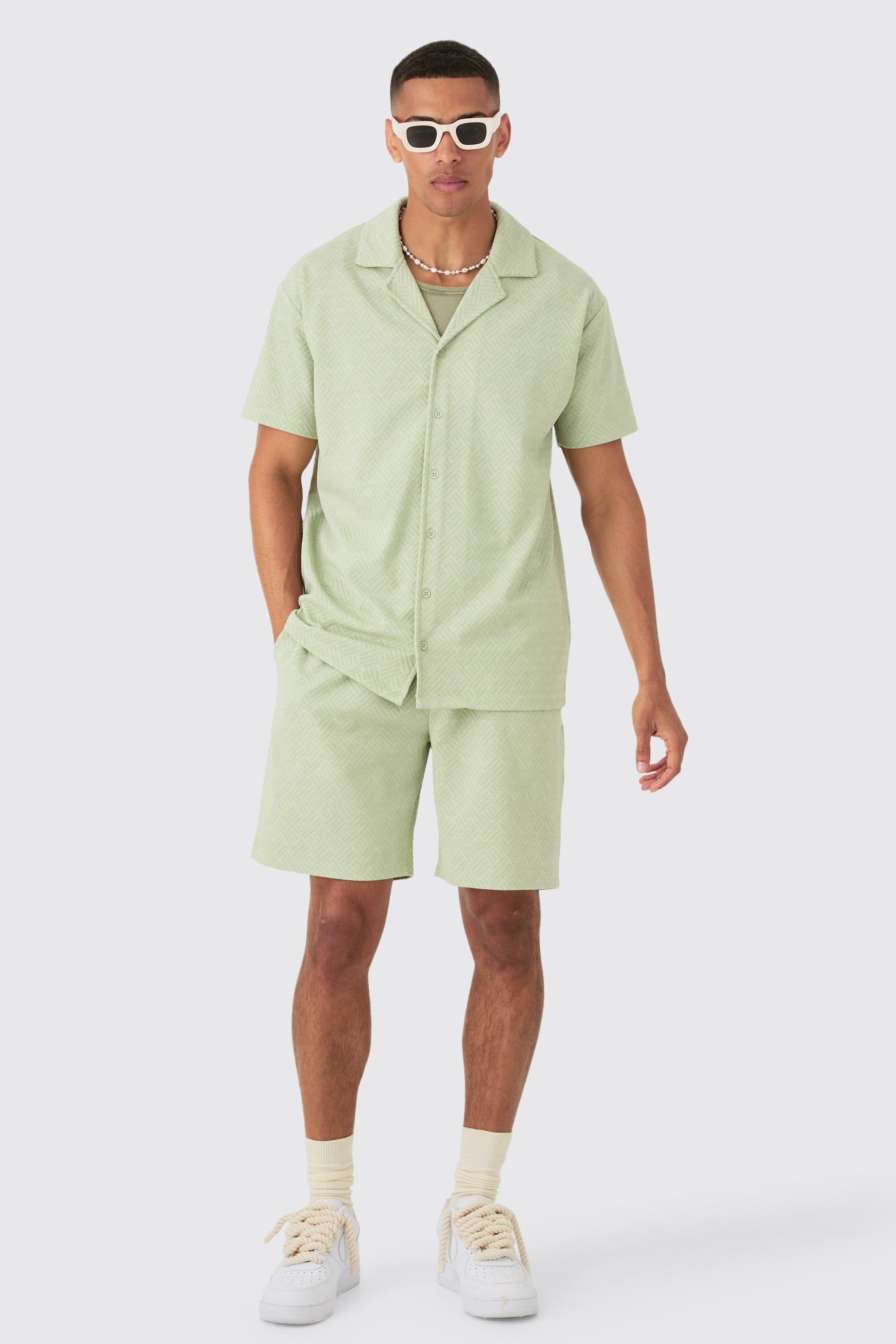 Mens Green Oversized Revere Geo Jacquard Shirt & Short Set, Green