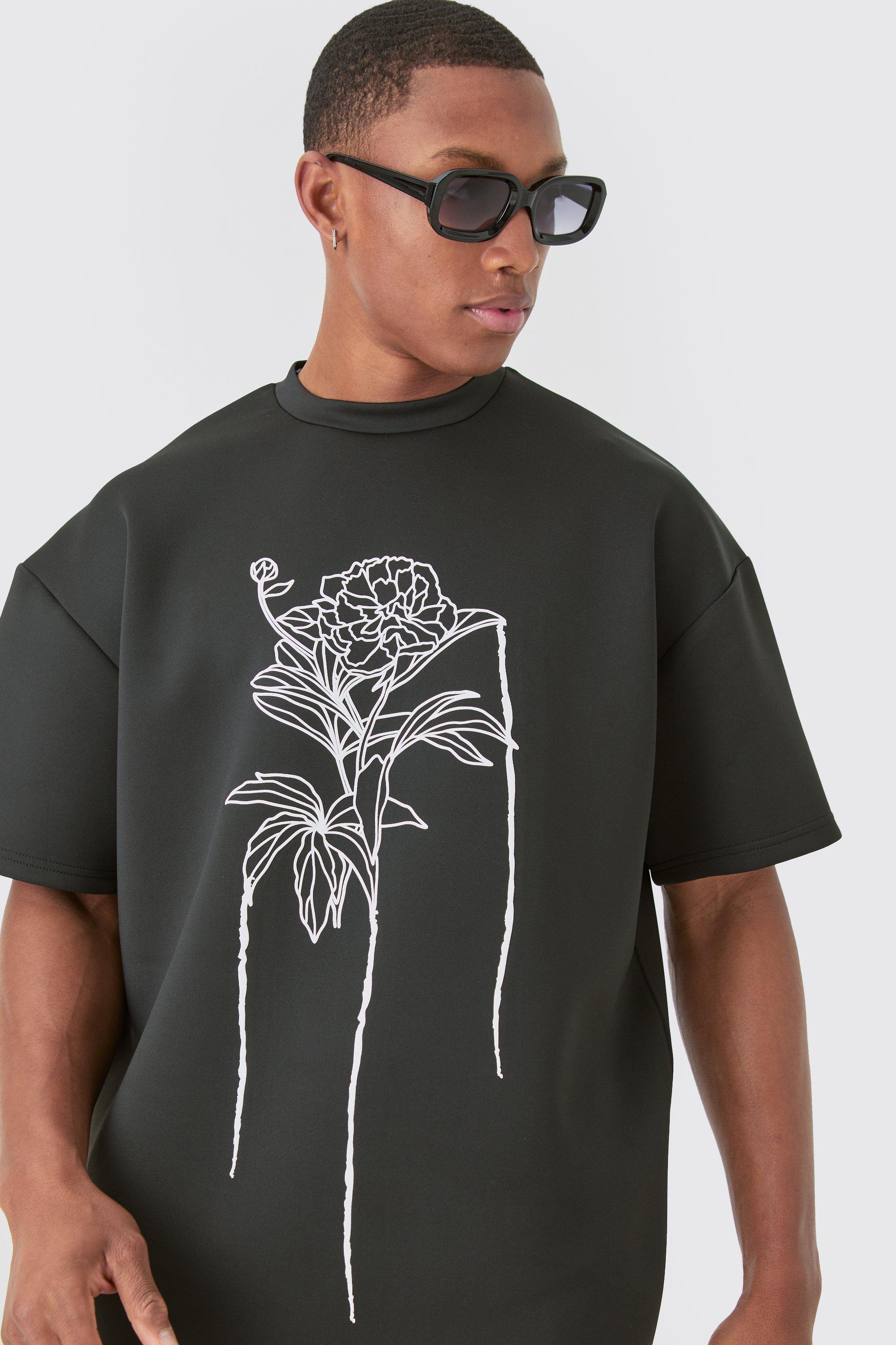 Image of Oversized Floral Line Drawing Scuba T-shirt, Nero