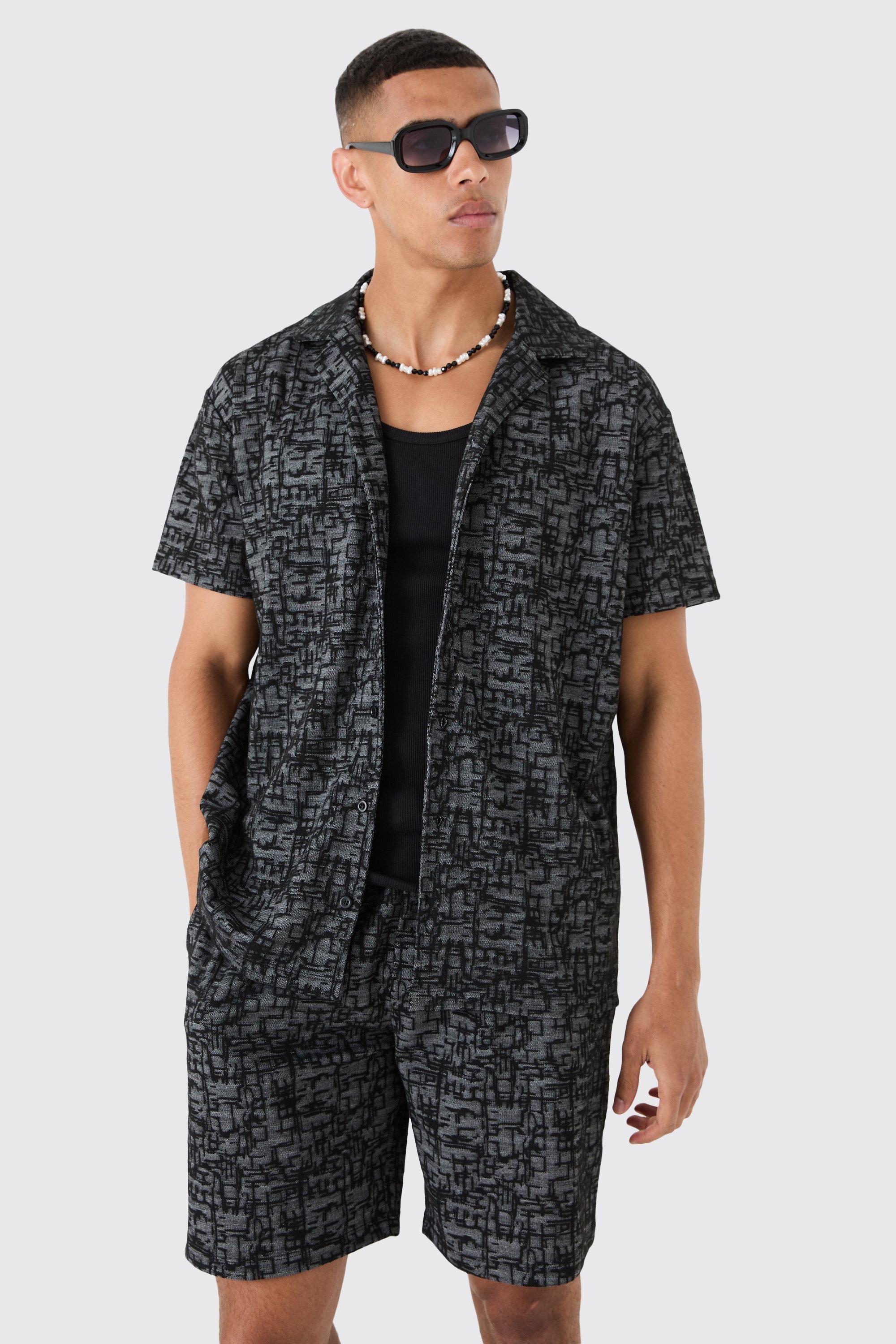 Mens Black Oversized Revere Jacquard Shirt & Short Set, Black