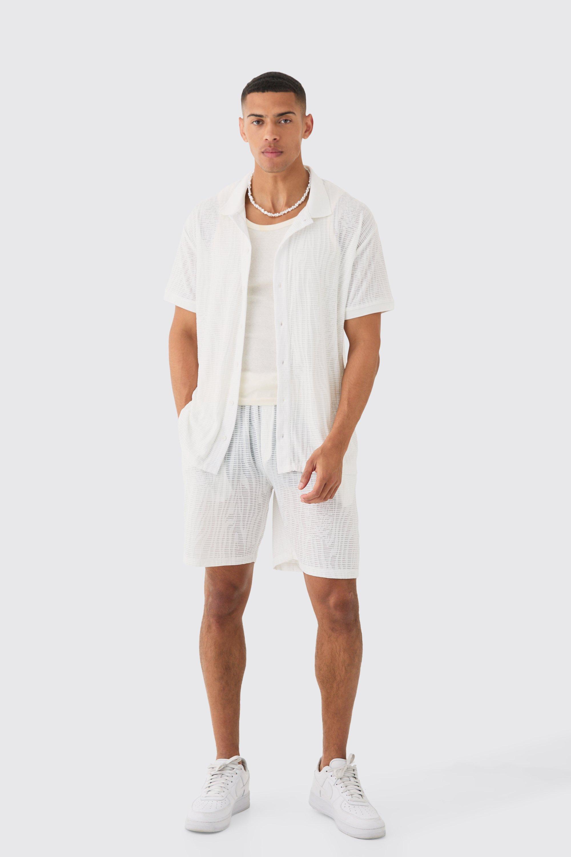 Mens White Oversized Animal Burnout Ribbed Shirt & Short Set, White