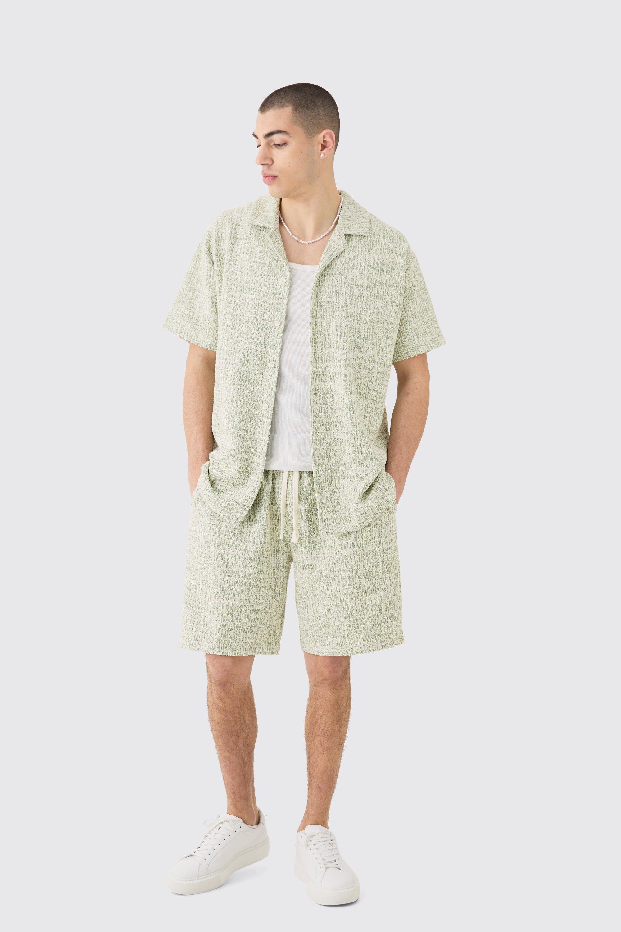 Mens Green Oversized Revere Boucle Shirt & Short Set, Green