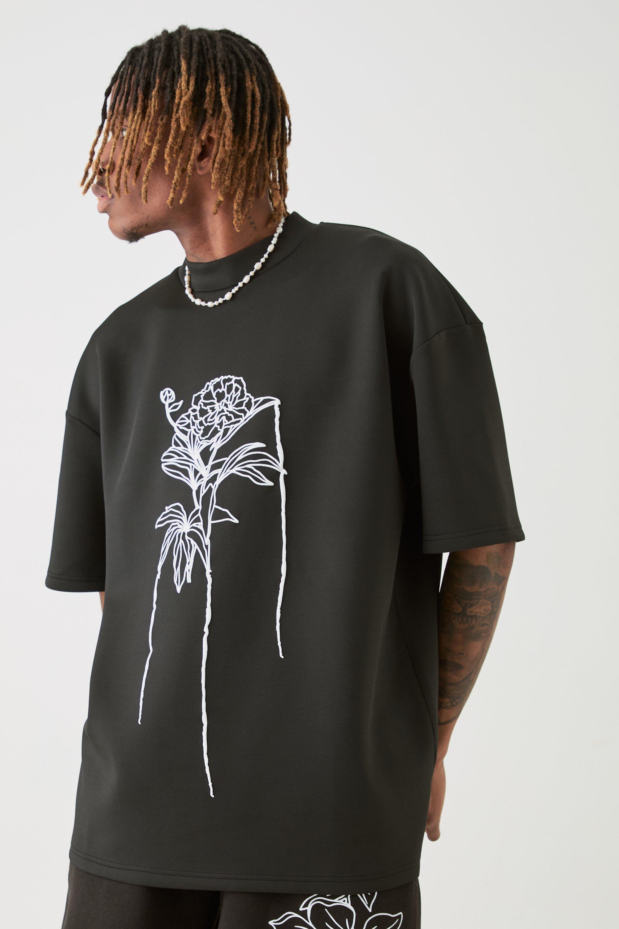 Mens Black Tall Oversized Floral Line Drawing Scuba T-shirt, Black