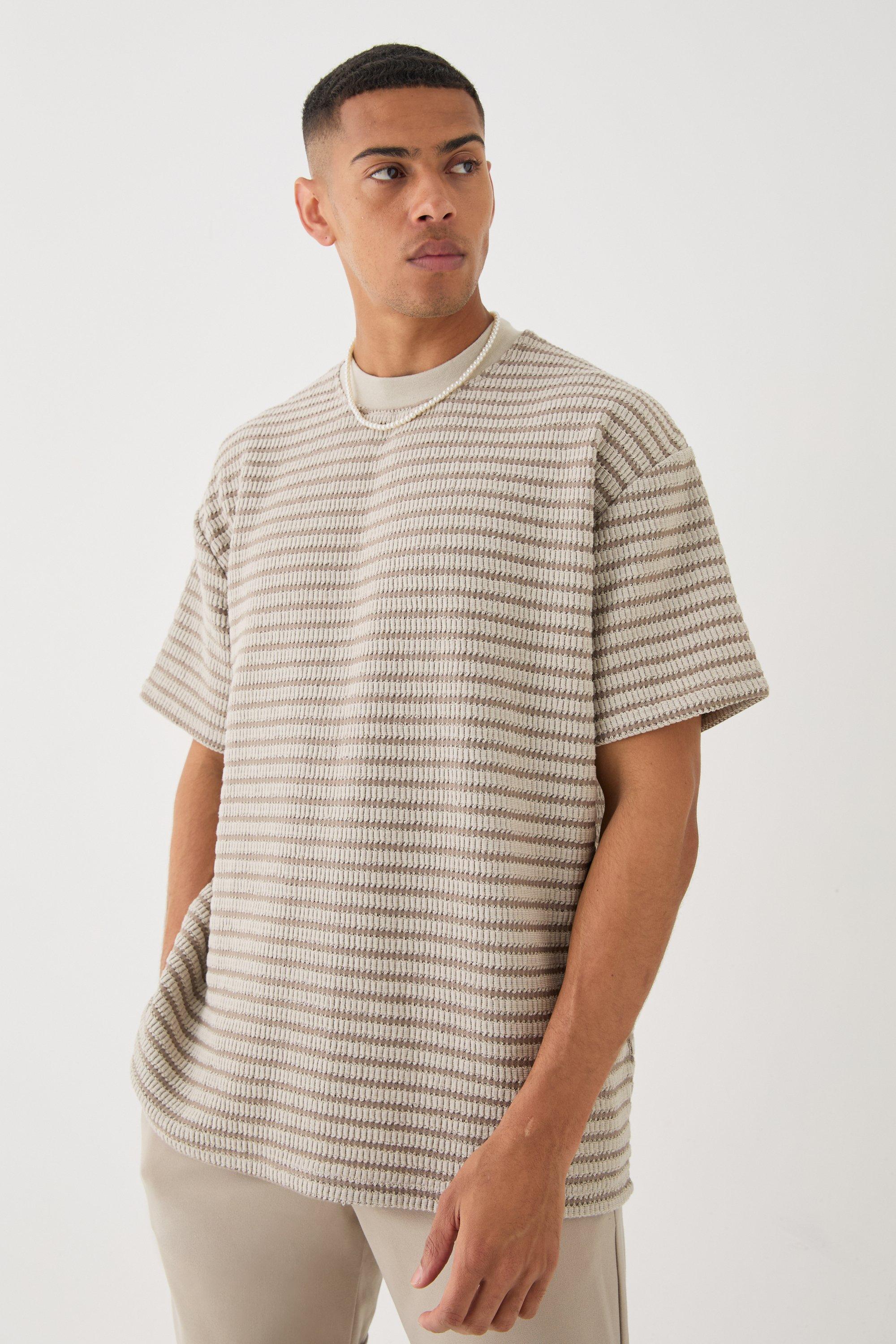 T-shirt oversize a righe con trama e girocollo esteso, Beige