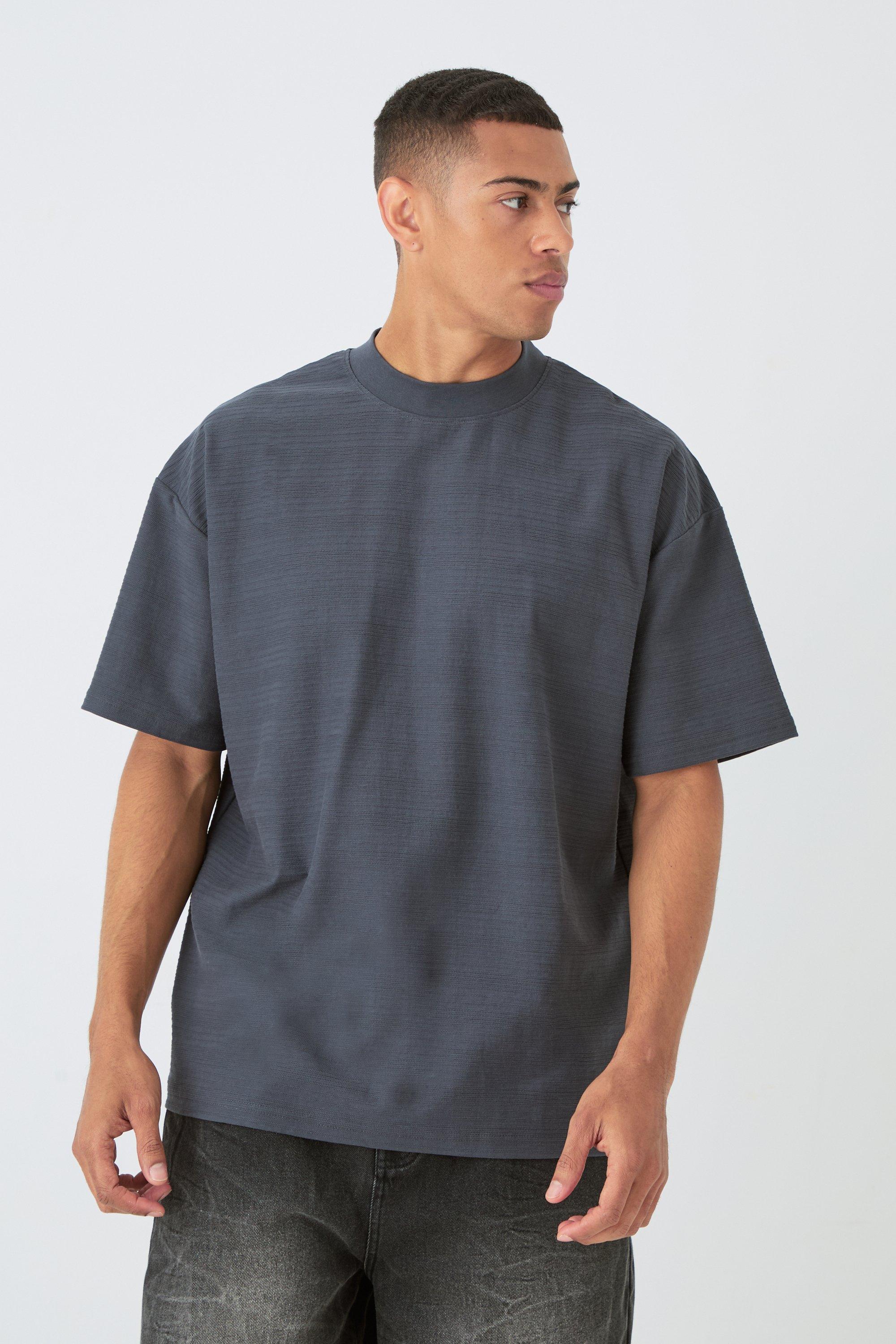 Mens Grey Oversized Jacquard Raised Striped Extended Neck T-shirt, Grey