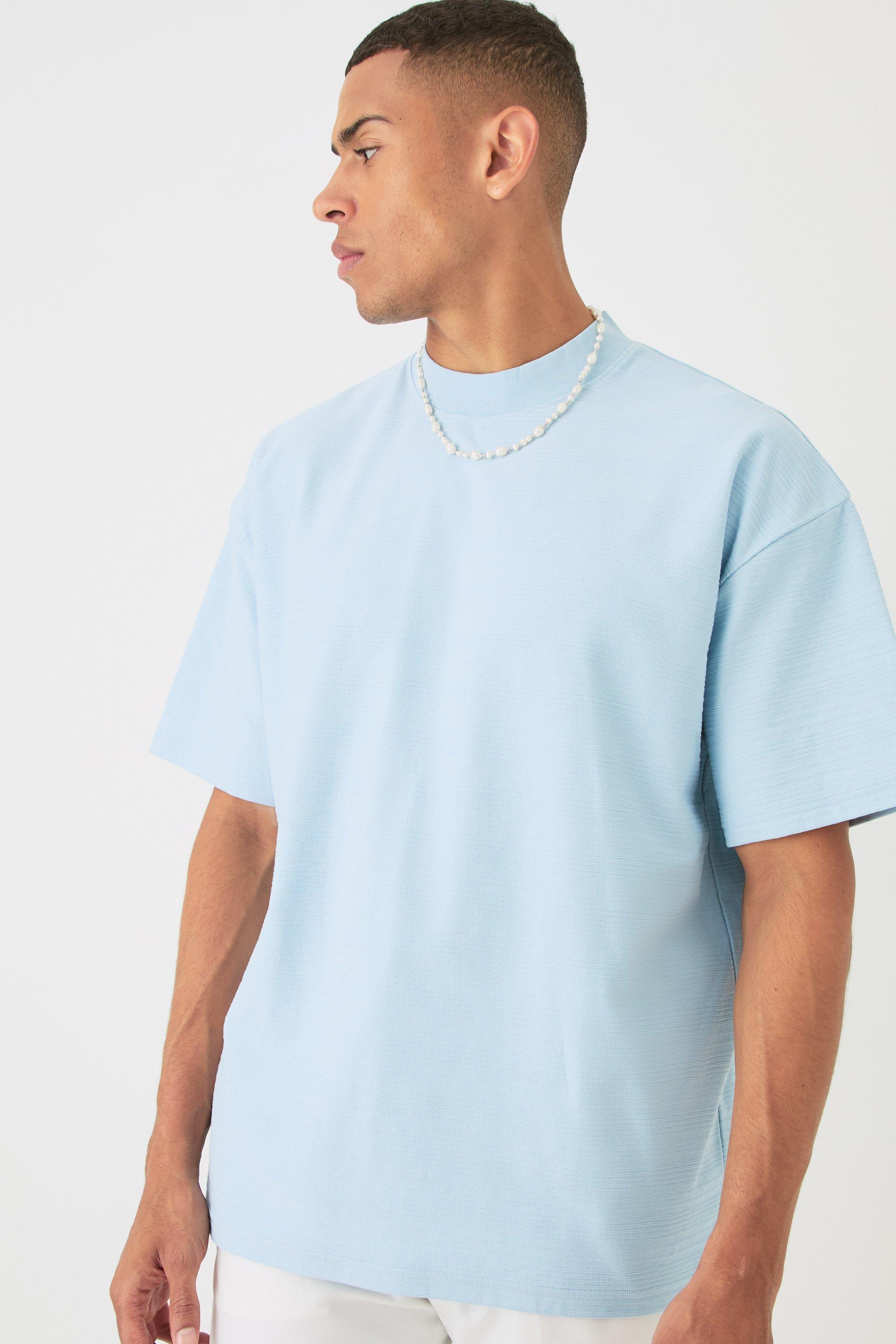 Image of Oversized Jacquard Raised Striped Extended Neck T-shirt, Azzurro