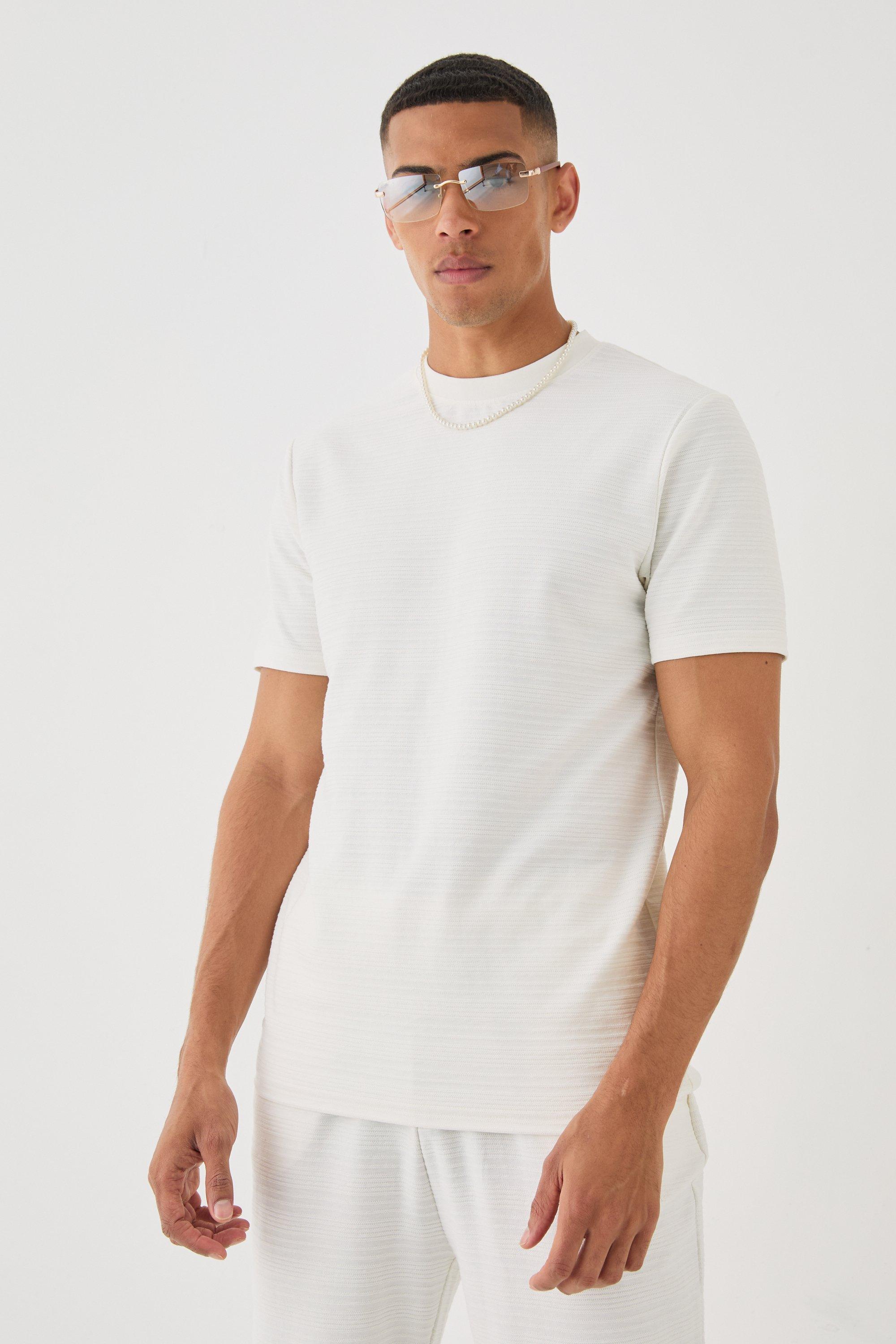 Mens Cream Slim Jacquard Raised Striped T-shirt, Cream