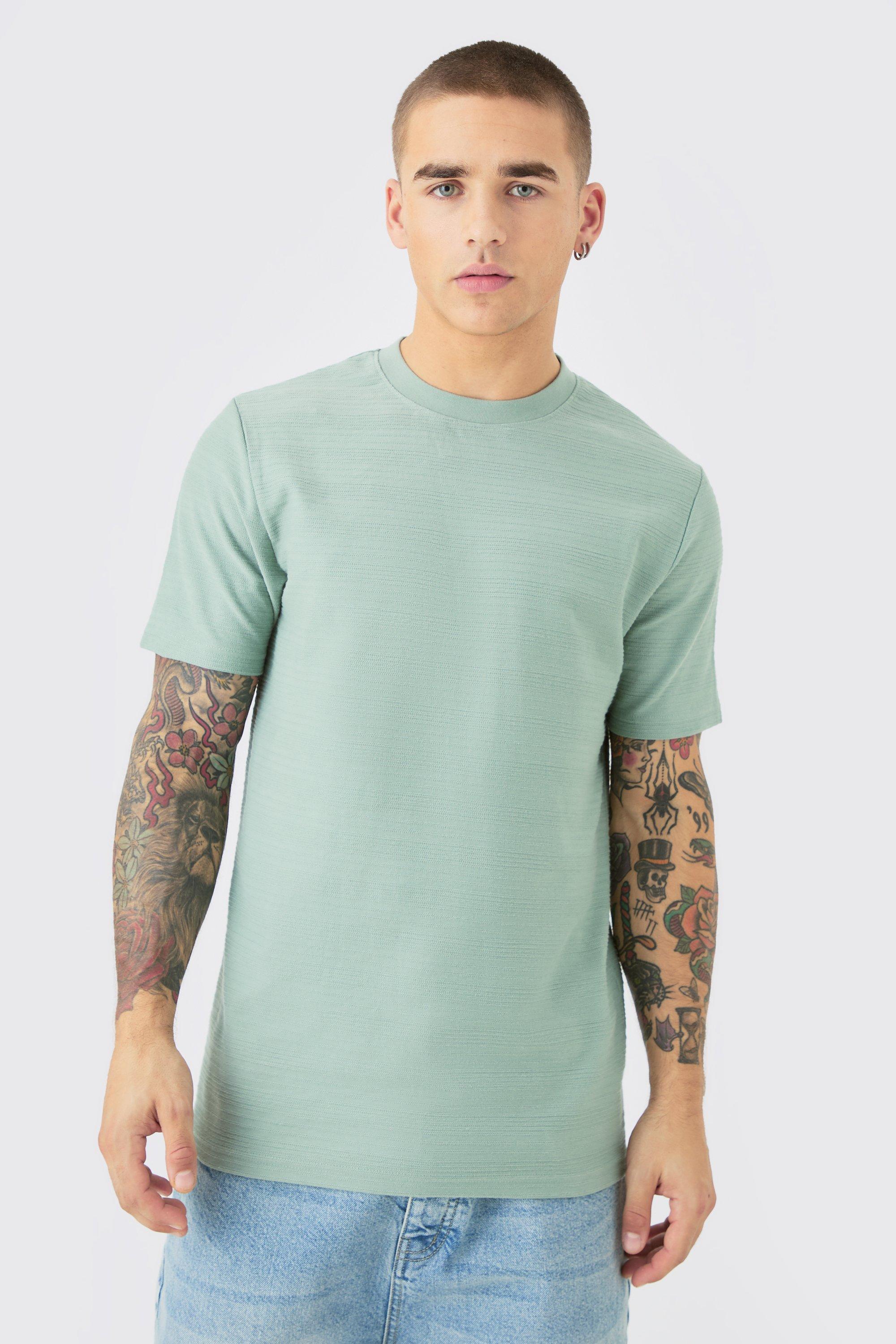 Image of Slim Jacquard Raised Striped T-shirt, Verde