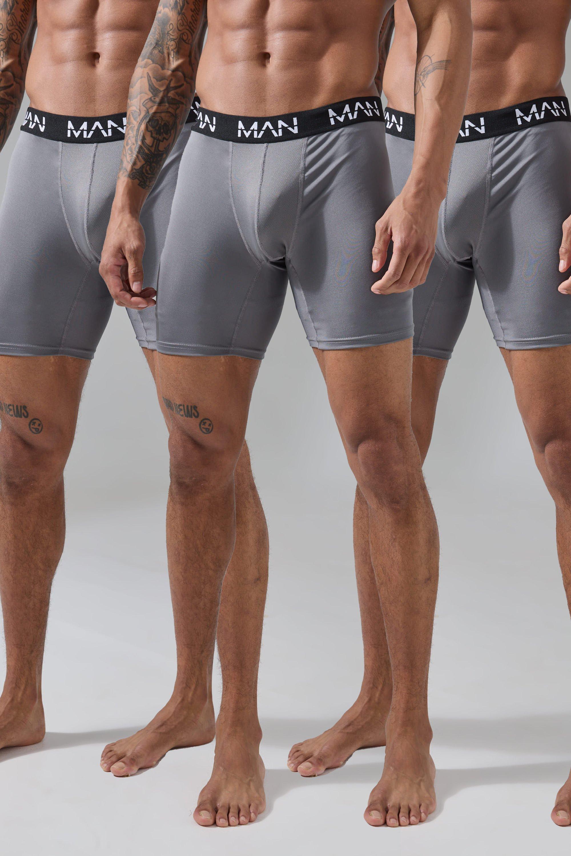 Mens Grey Man Active Performance 7inch Long 3 Pack Boxer, Grey