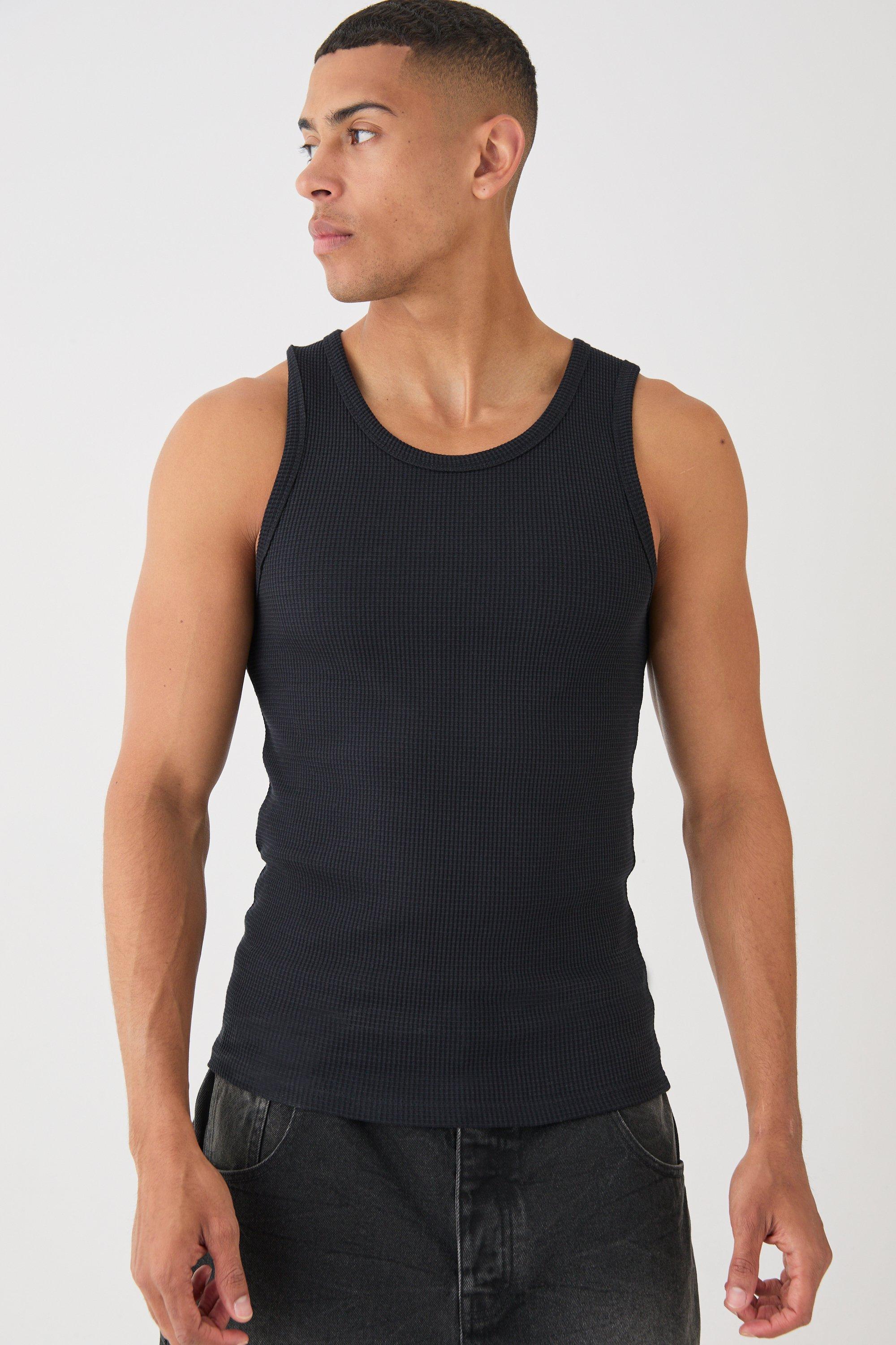 Mens Black Slim Waffle Vest, Black