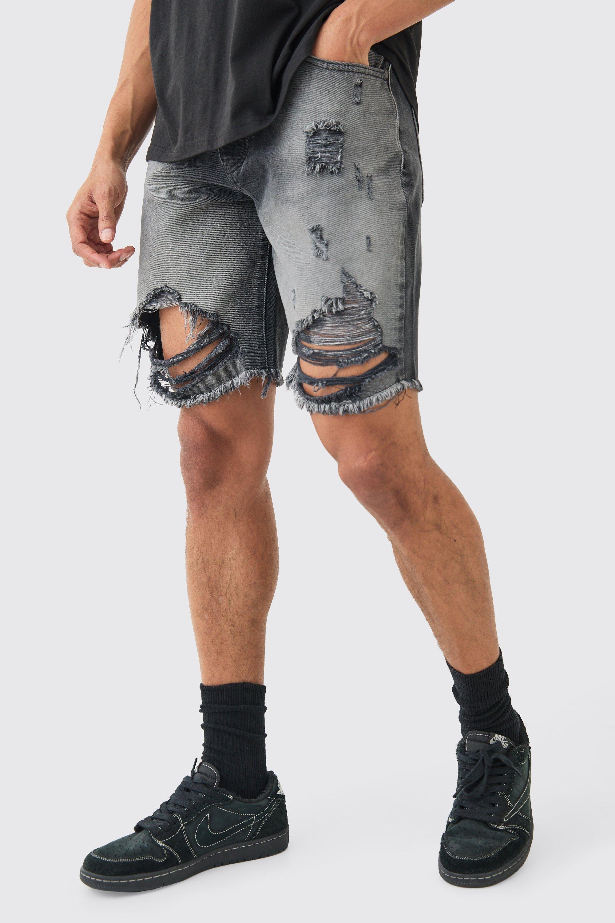 Image of Relaxed Rigid Long Length Ripped Denim Shorts In Washed Black, Nero