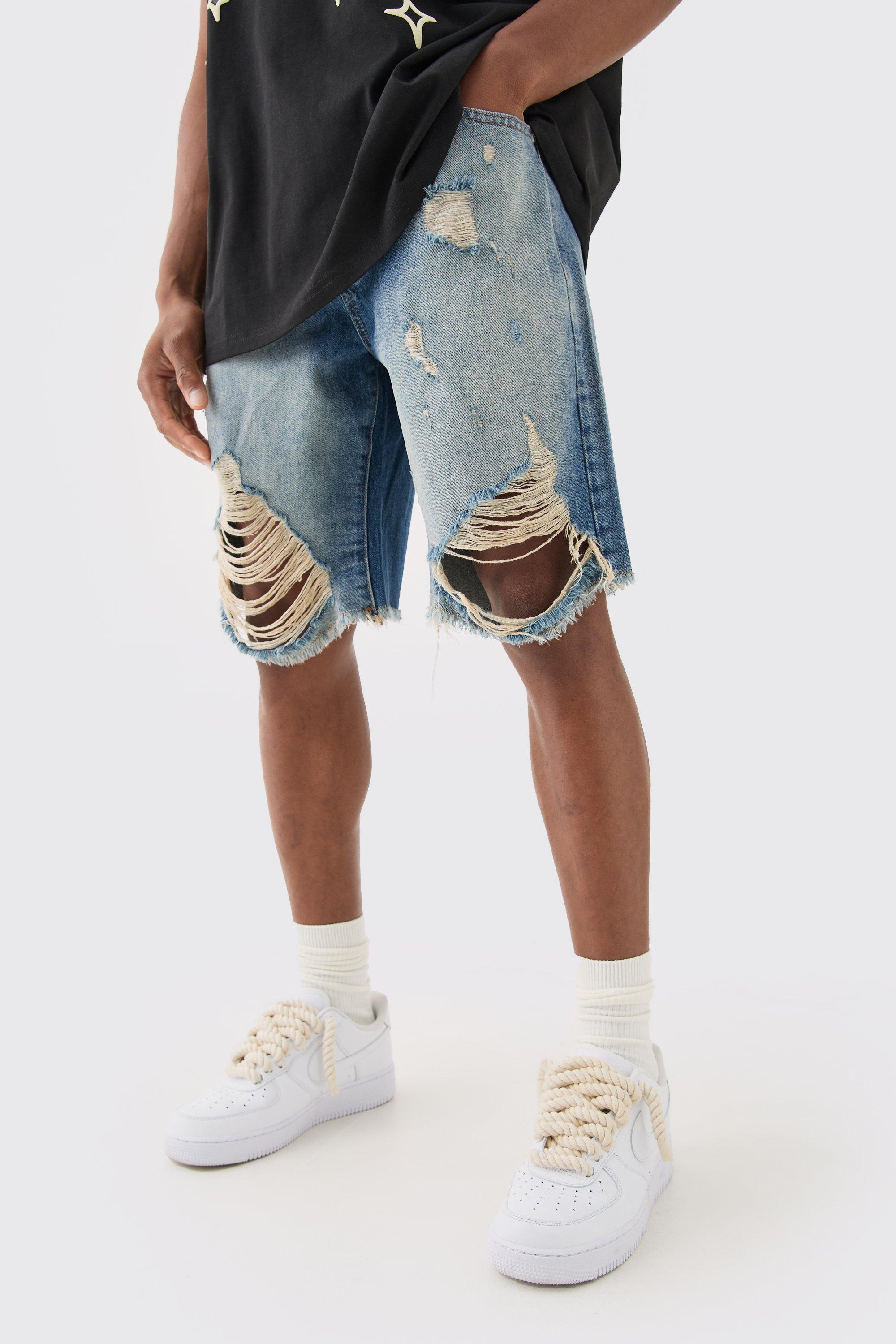 Image of Relaxed Rigid Long Length Ripped Denim Shorts In Ice Blue, Azzurro