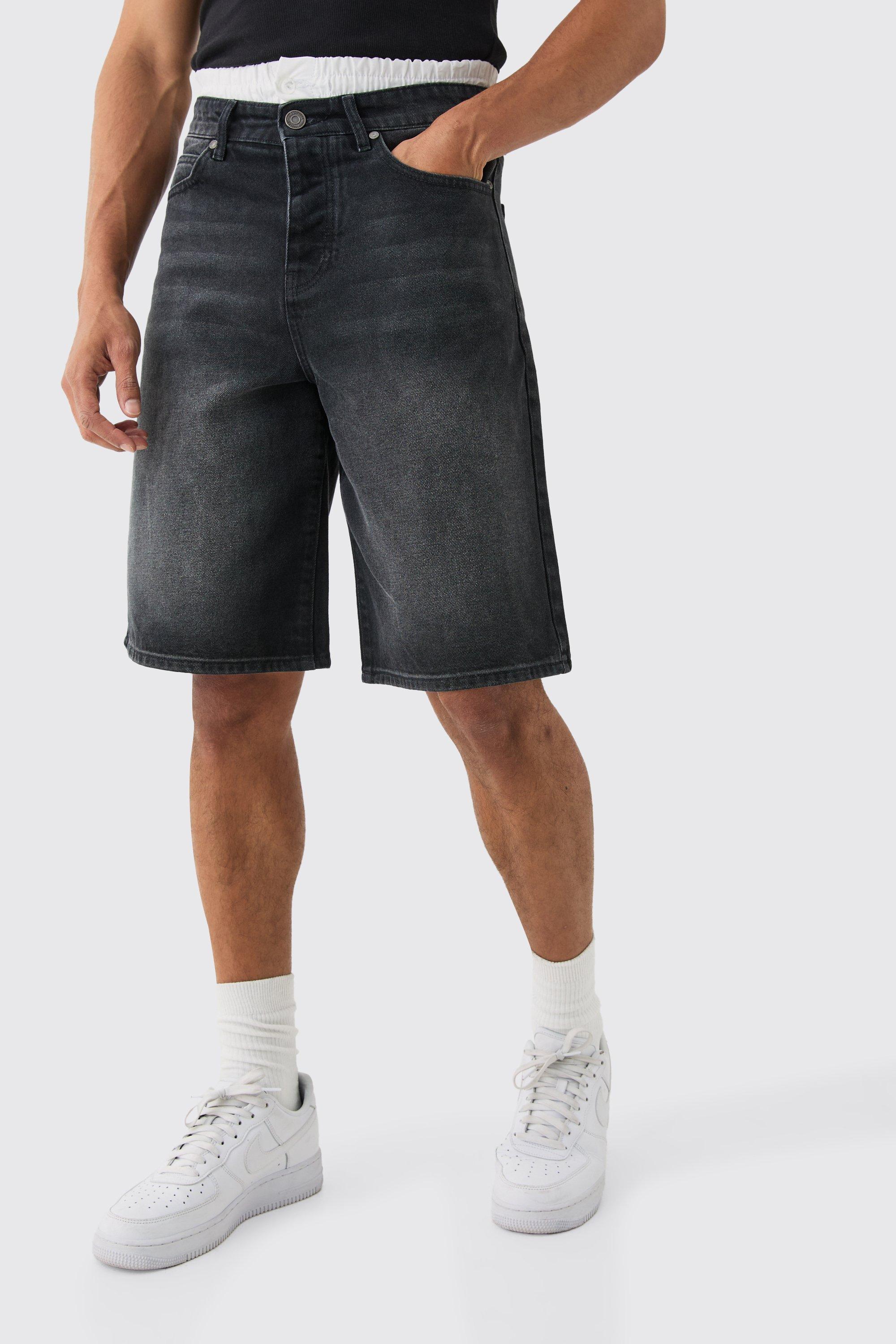 Mens Double Waist Band Denim Jorts In Black, Black