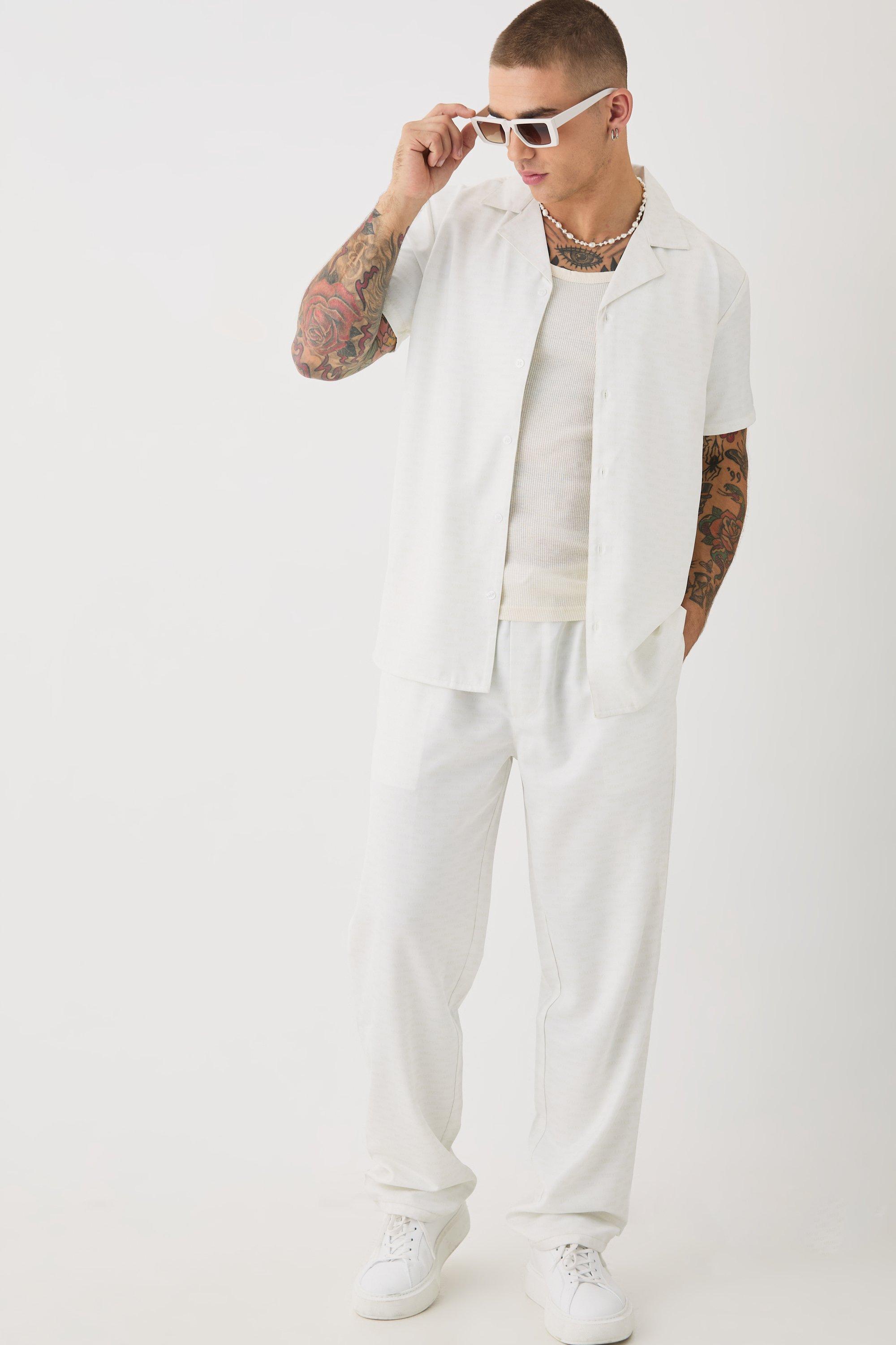 Mens White Soft Twill Tonal Monogram Shirt & Trouser Set, White