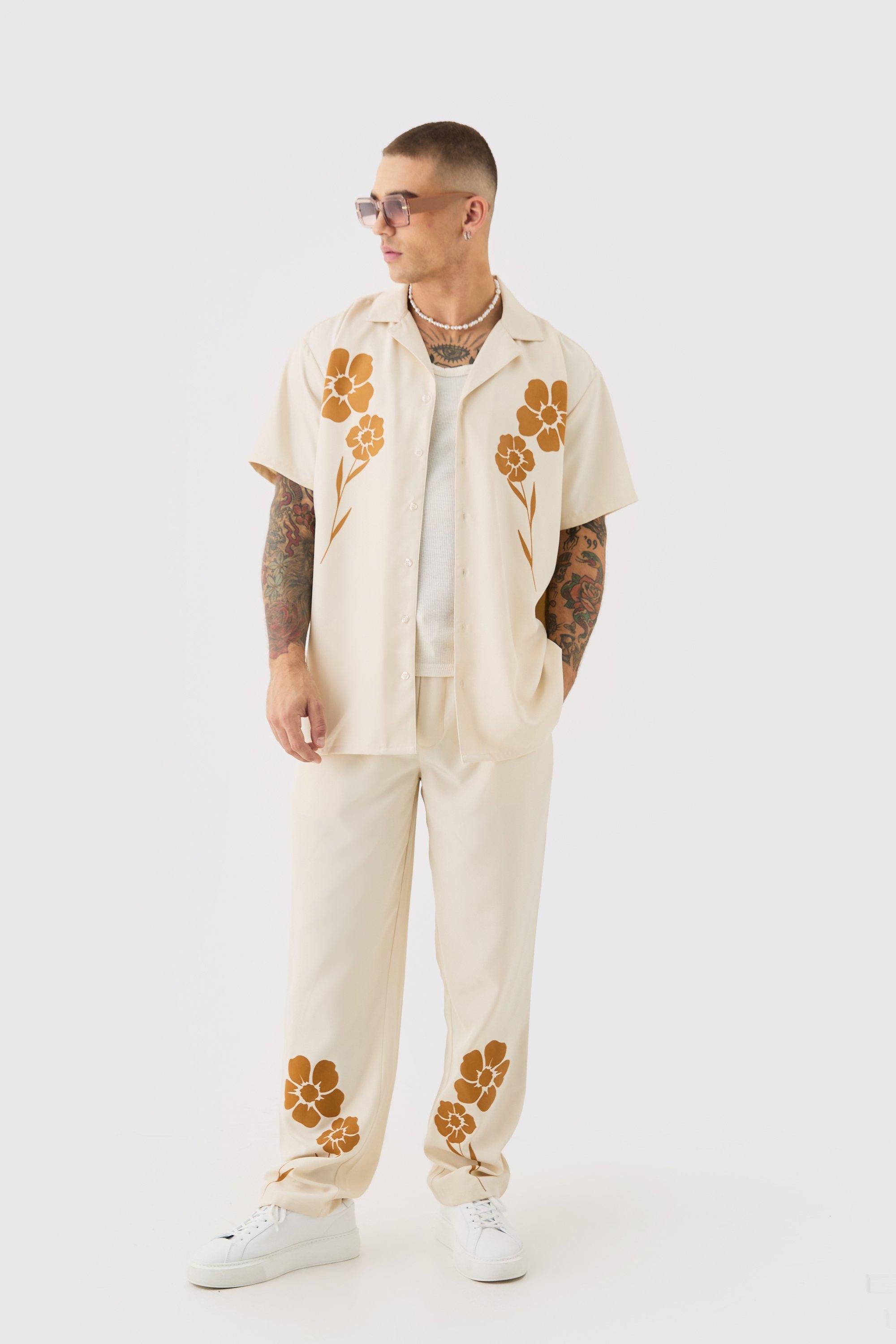 Mens Cream Soft Twill Oversized Tonal Flower Shirt & Trouser Set, Cream