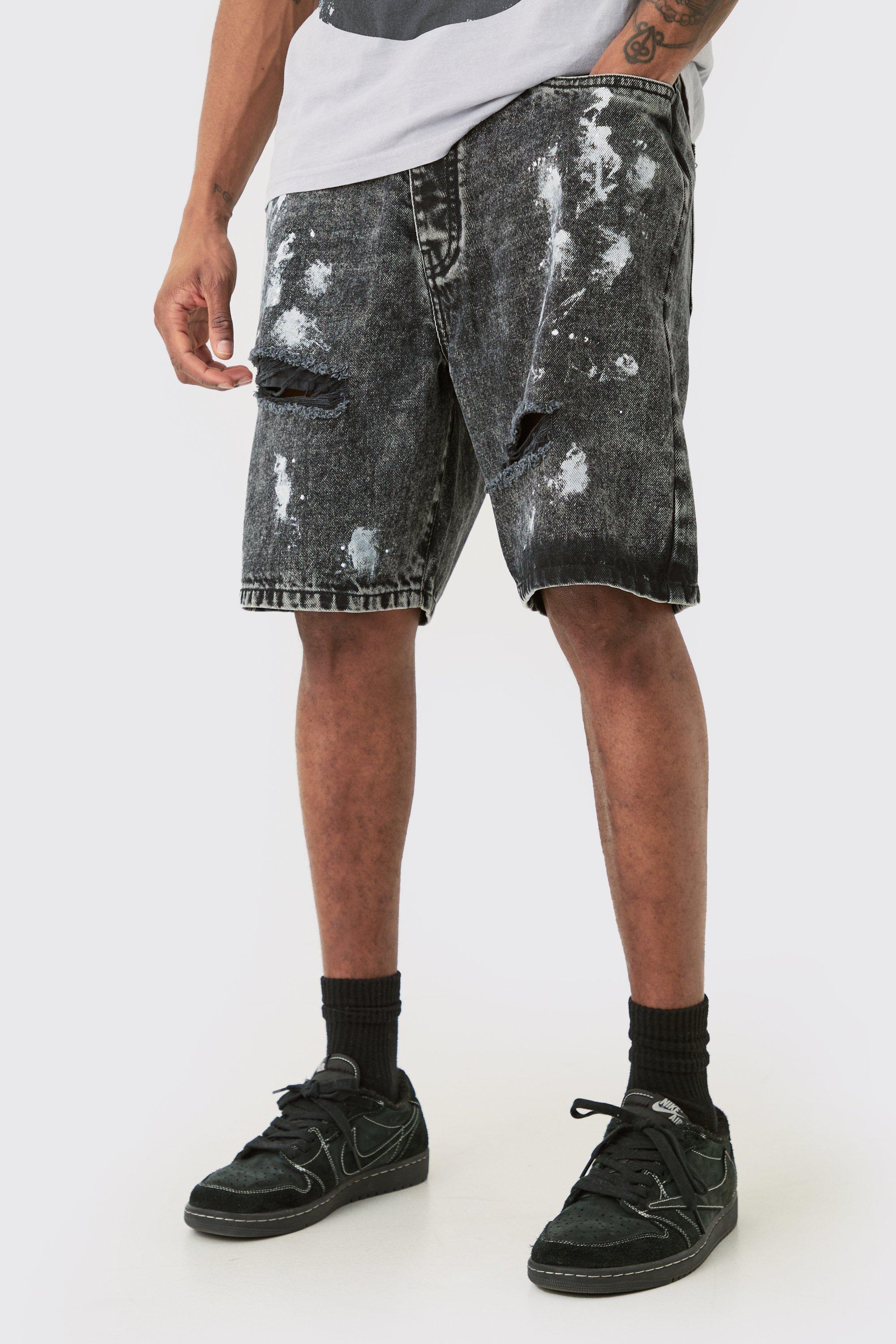 Image of Tall Washed Black Paint Splatter Relaxed Fit Short, Nero