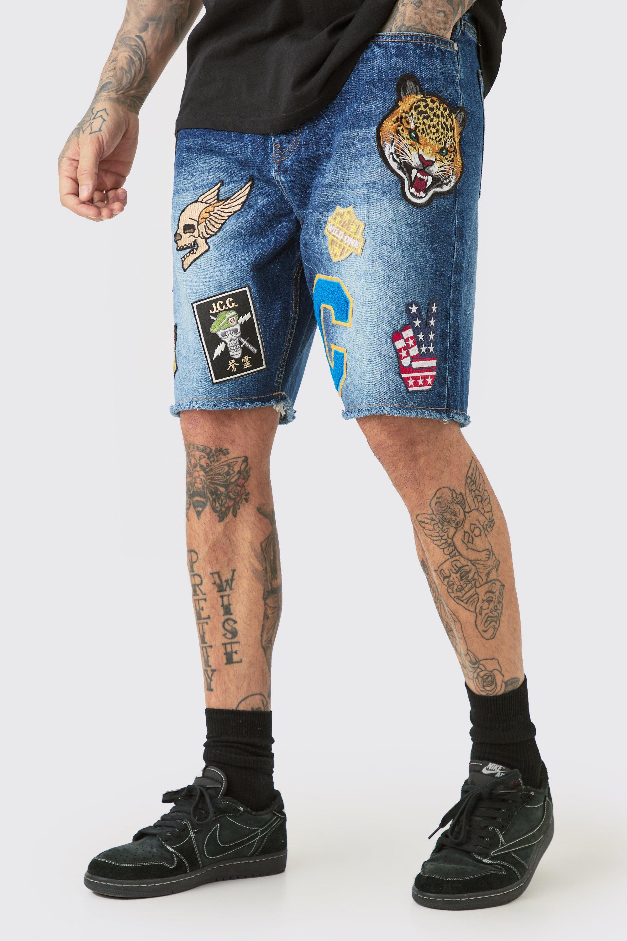 Mens Blue Tall Marble Effect Applique Relaxed Fit Denim Short, Blue