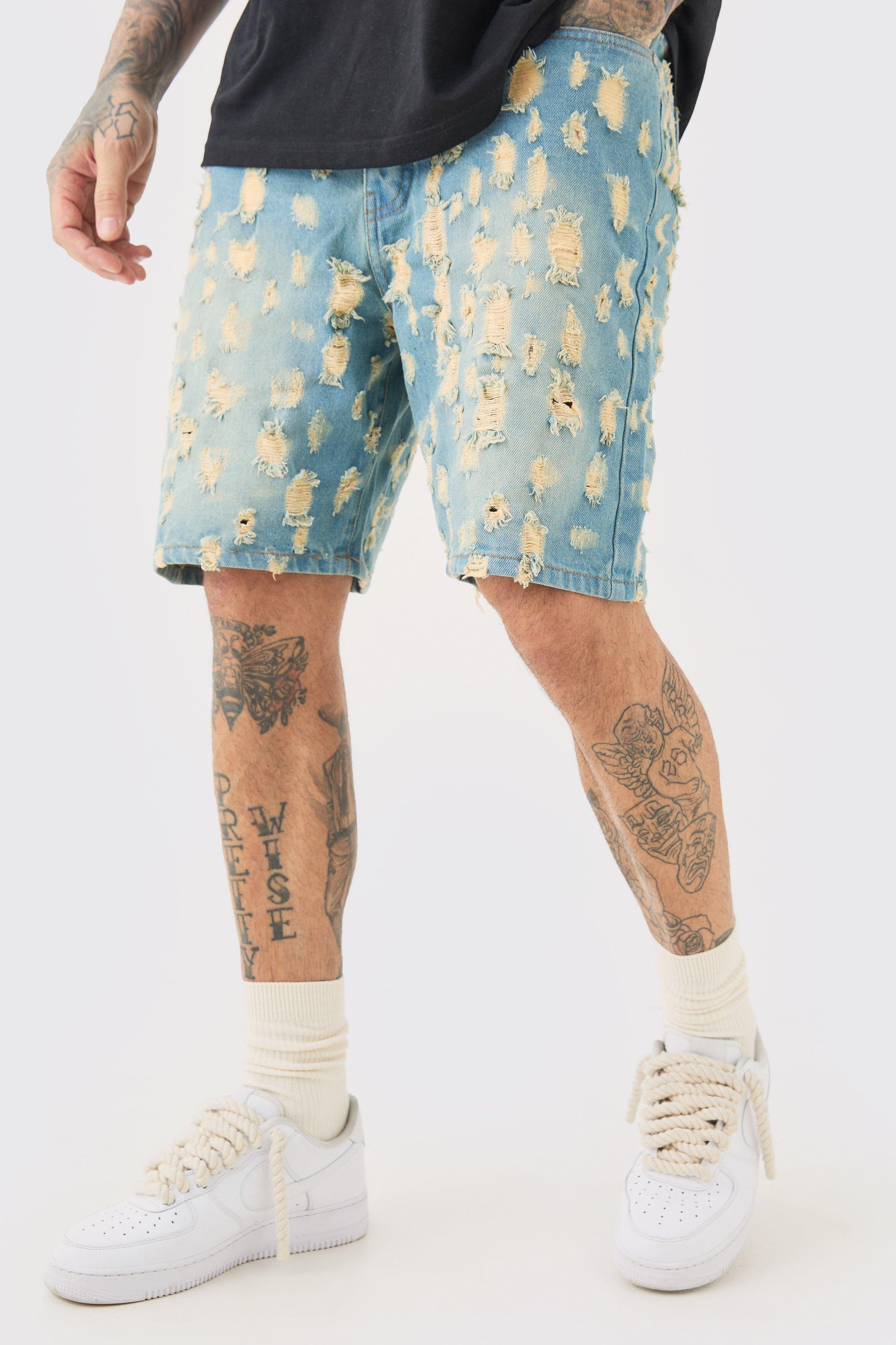 Mens Blue Tall Relaxed All Over Distressed Short, Blue