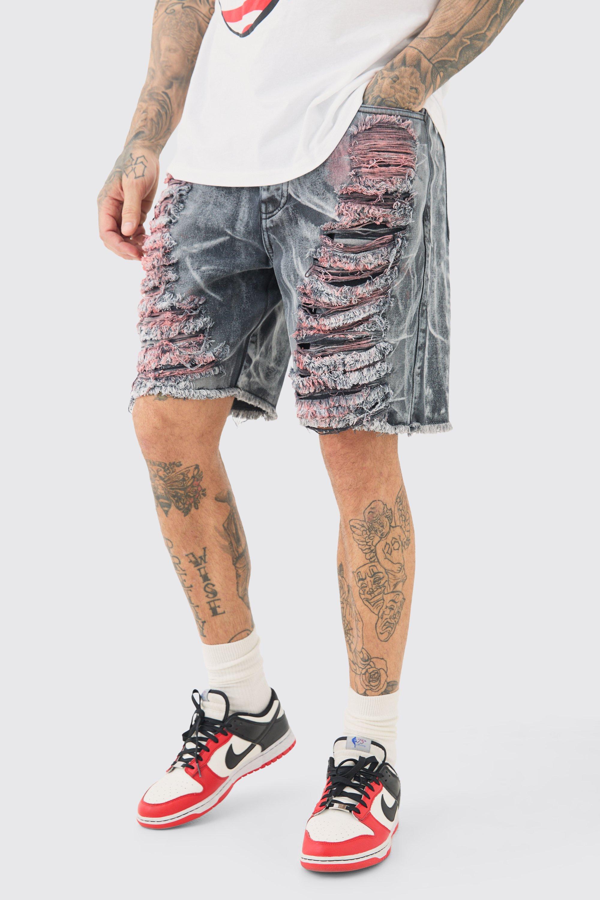 Image of Tall Extreme Rip Acid Wash Relaxed Fit Short, Nero
