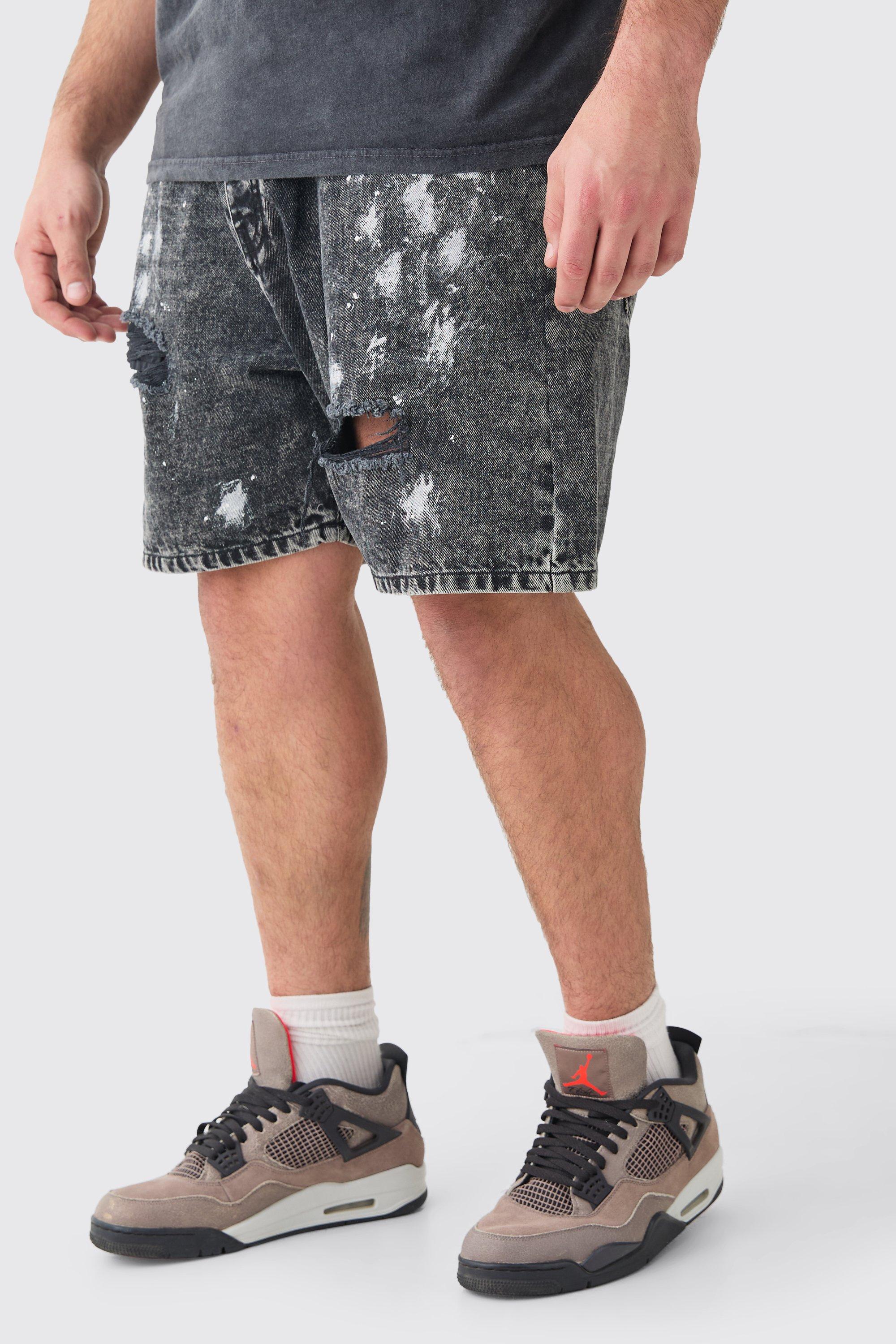Image of Plus Washed Black Paint Splatter Relaxed Fit Short, Nero