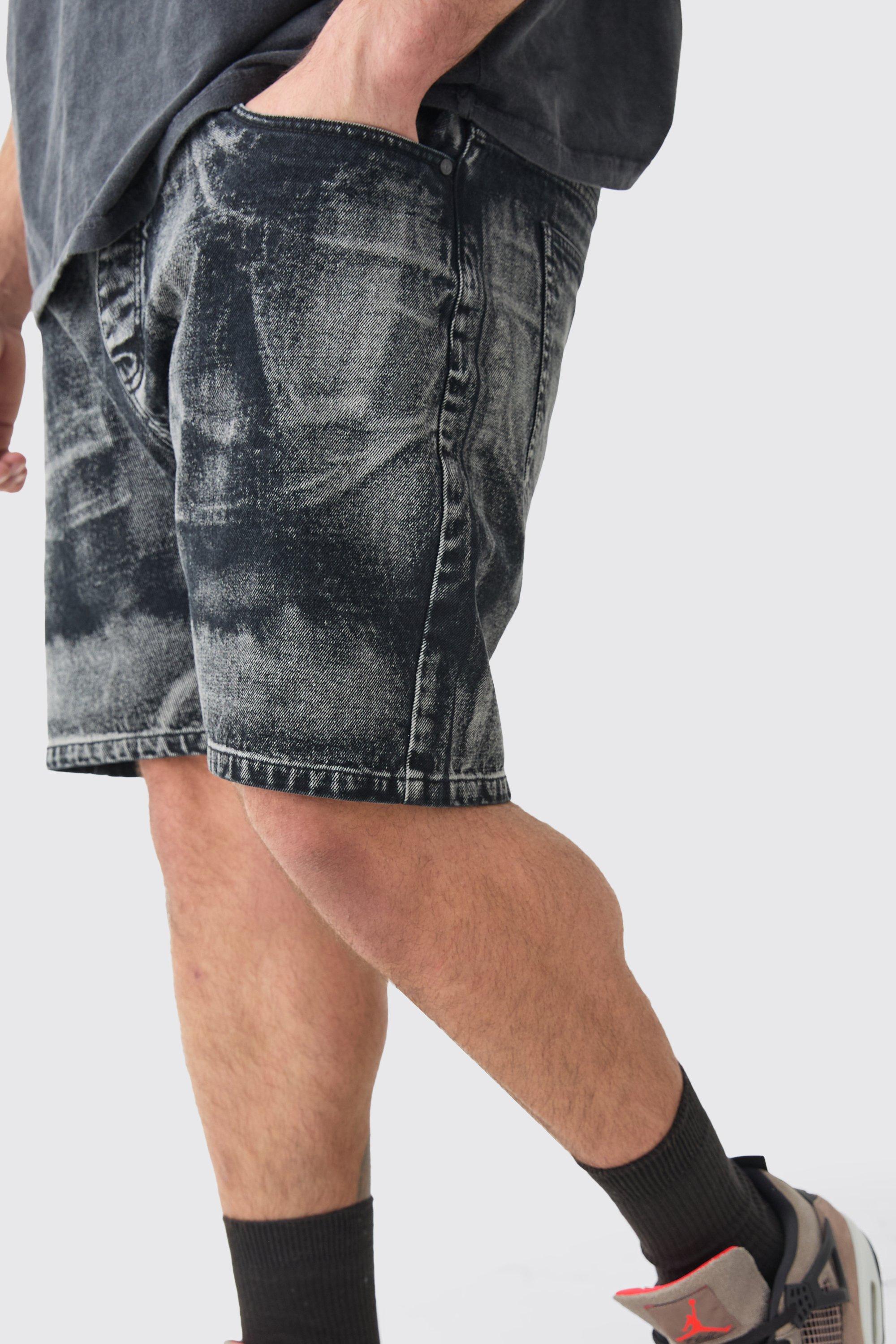 Mens Black Plus Straight Fit Acid Wash Denim Shorts, Black