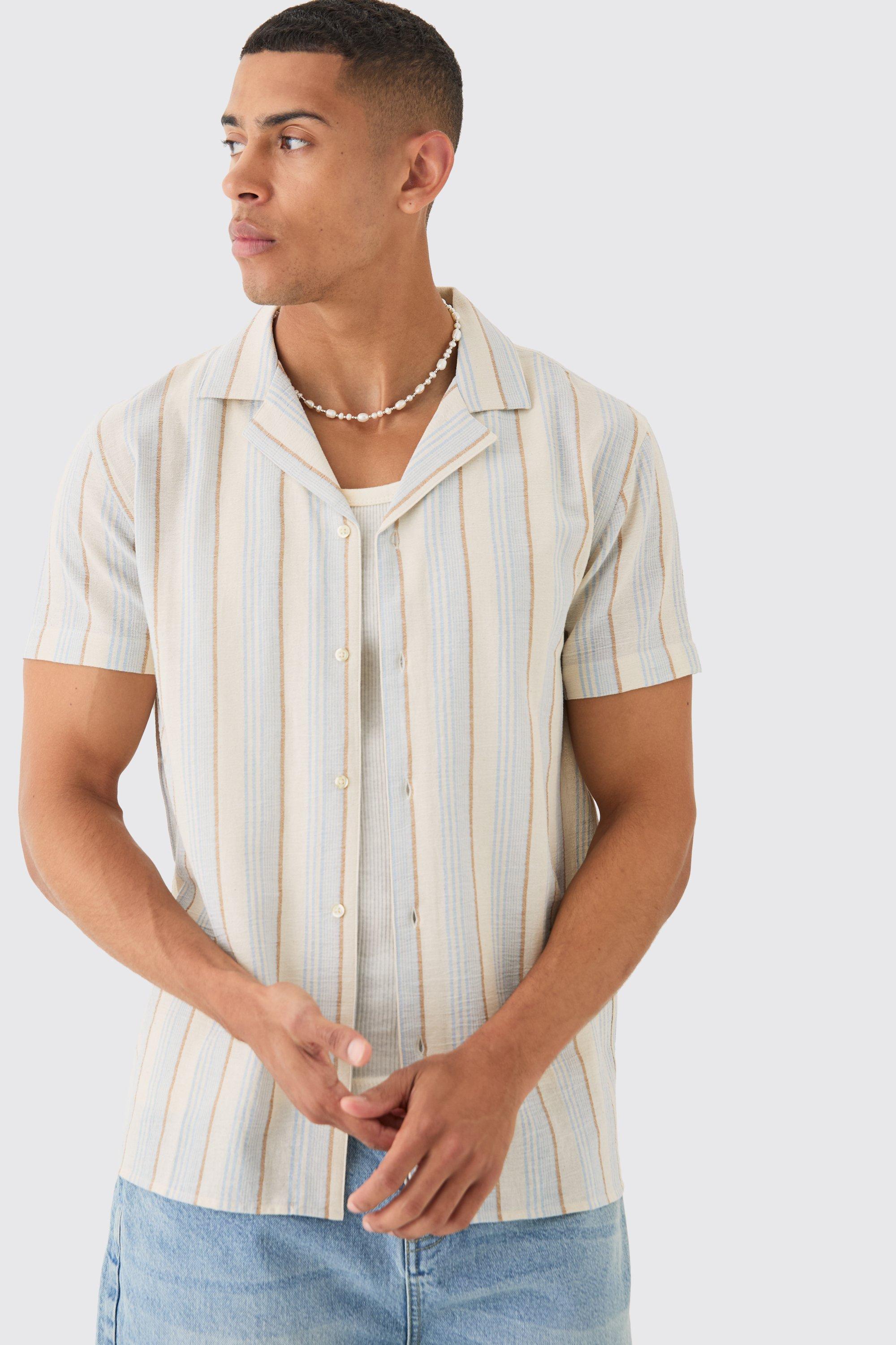 Mens Blue Short Sleeve Textured Tonal Stripe Shirt, Blue