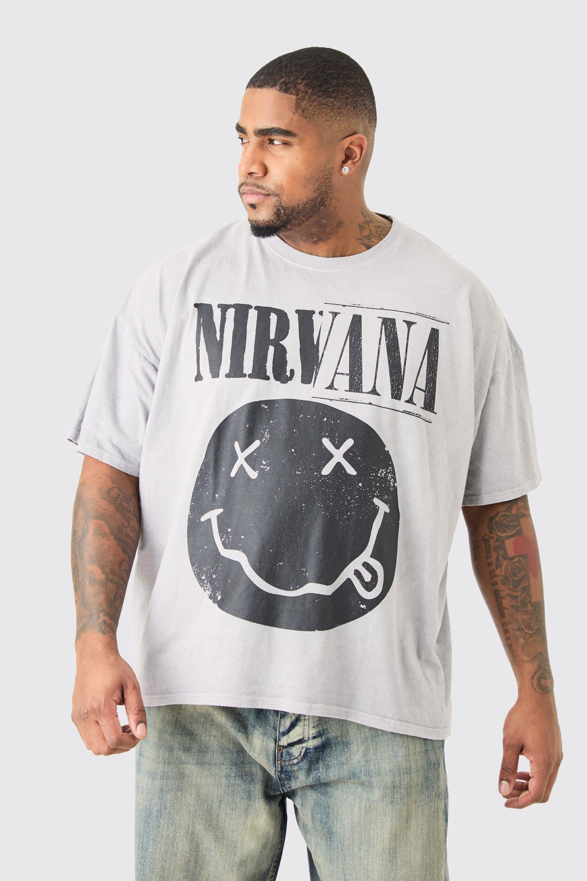 Image of T-shirt Plus Size sovratinta ufficiale Nirvana con faccina sorridente, Grigio