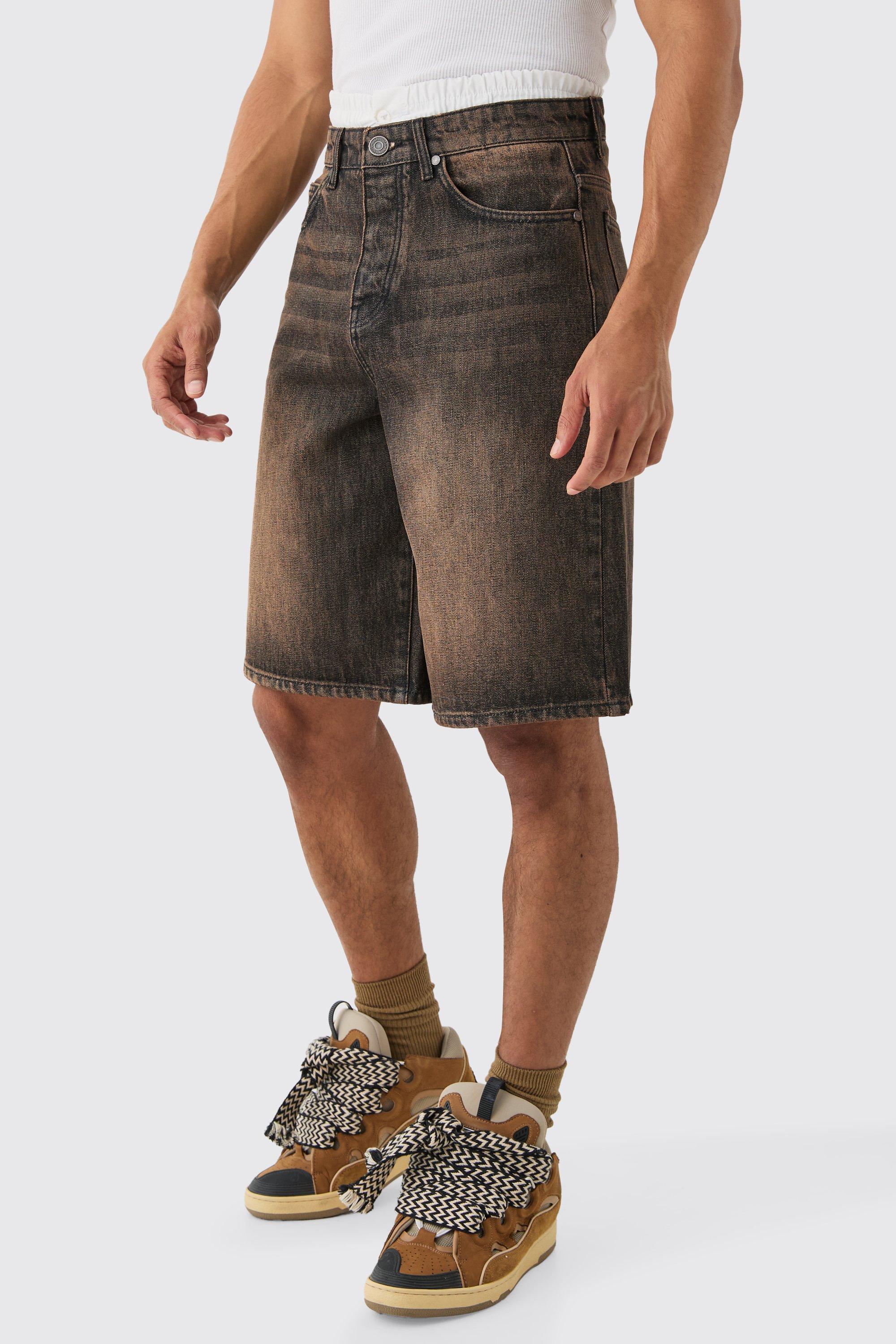 Mens Double Waist Band Denim Jorts In Brown, Brown