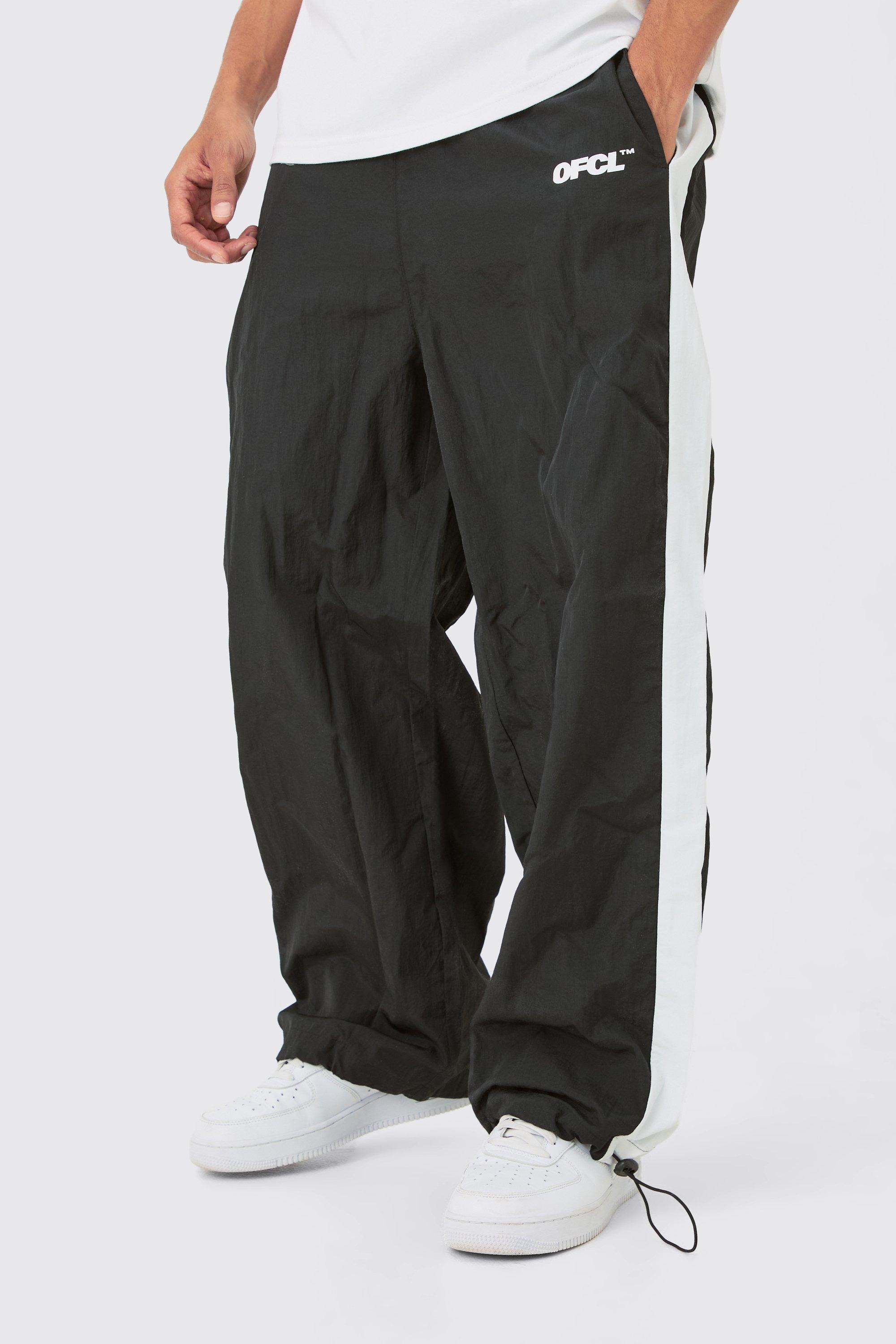 Mens Black OFCL Side Panel Parachute trousers, Black