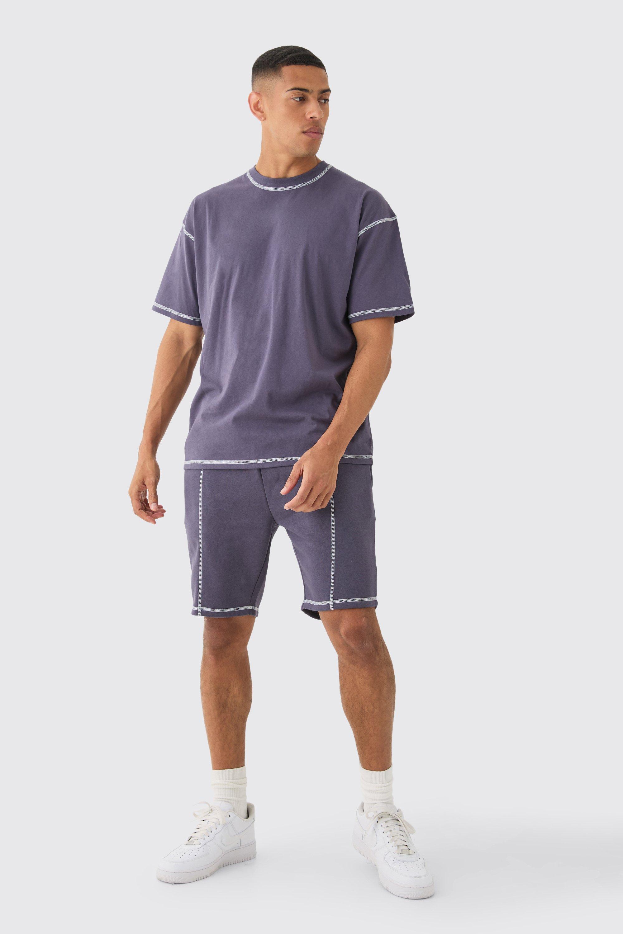 Image of Oversized Contrast Stitch Embroidered T-shirt & Short Set, Purple