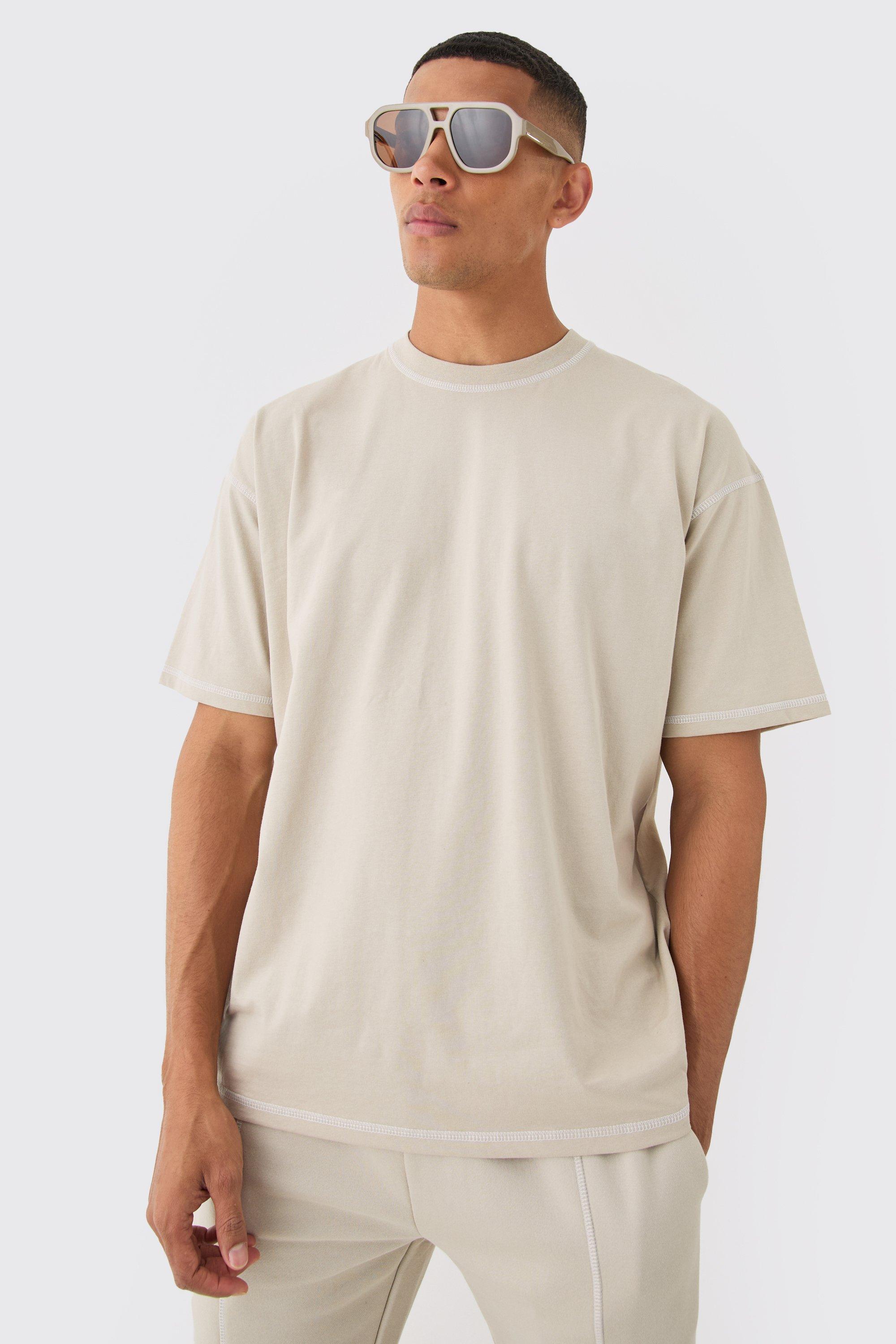 Image of Oversized Contrast Stitch Extended Neck Embroidered T-shirt, Beige
