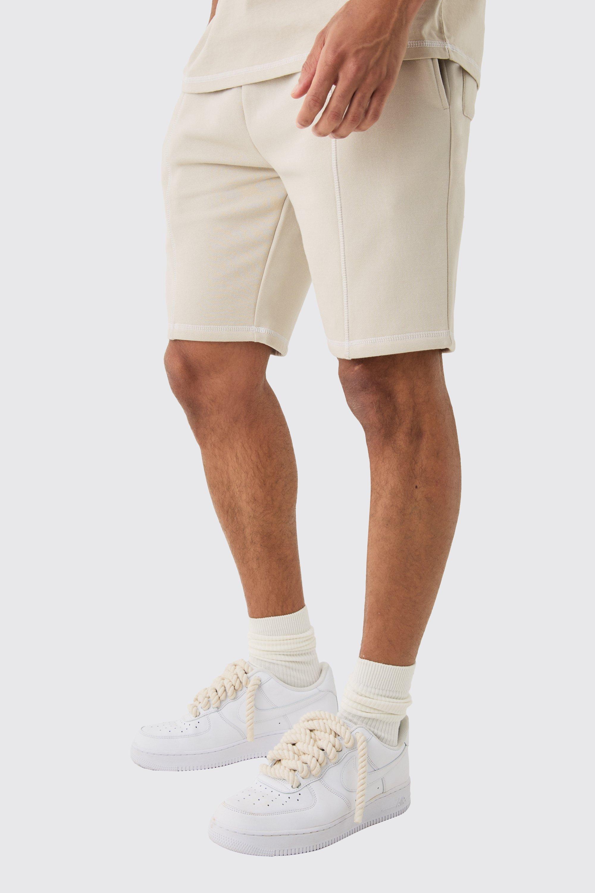 Image of Loose Contrast Stitch Embroided Shorts, Beige