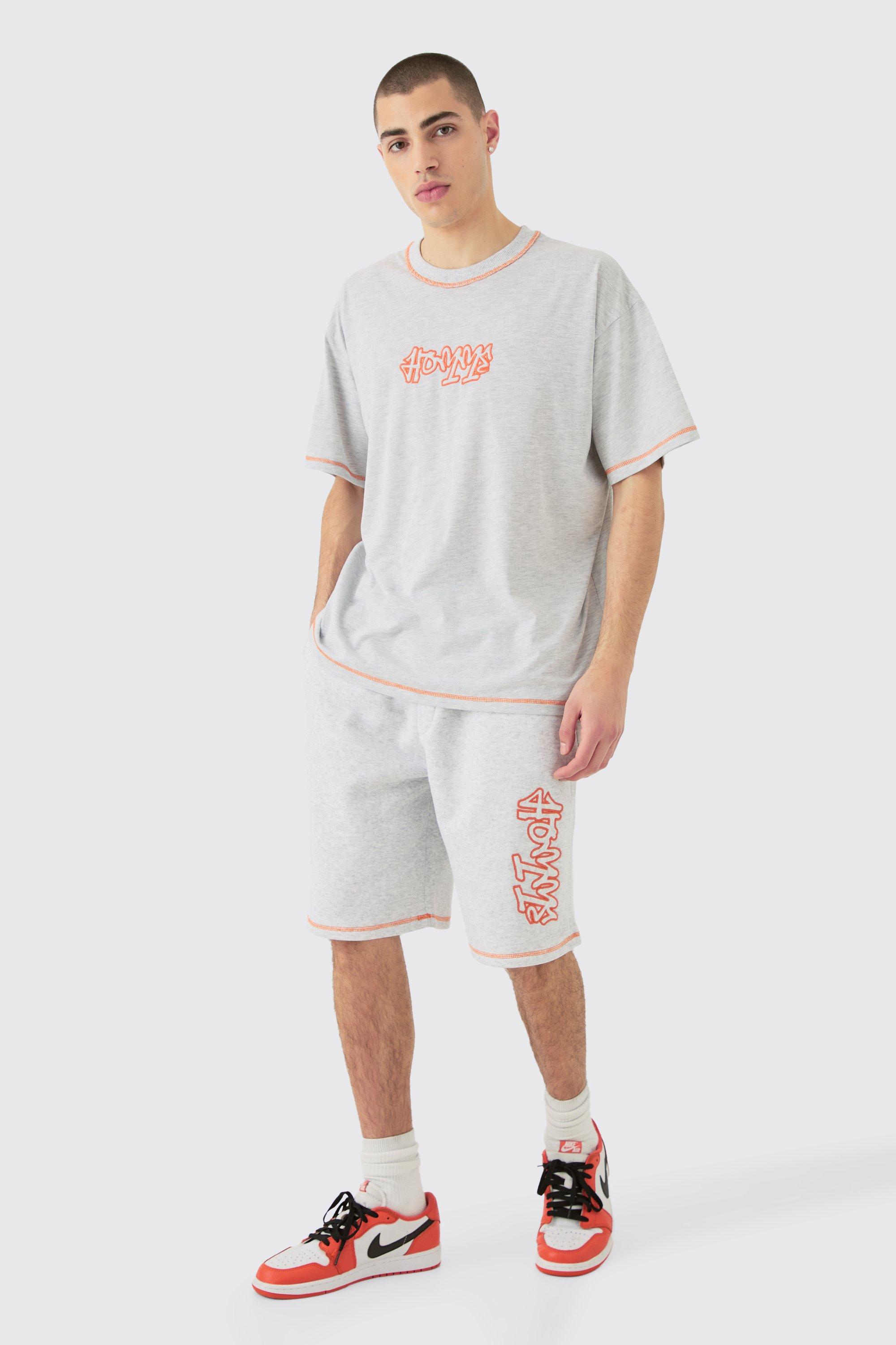 Image of Oversized Contrast Stitch Applique T-shirt & Short Set, Grigio