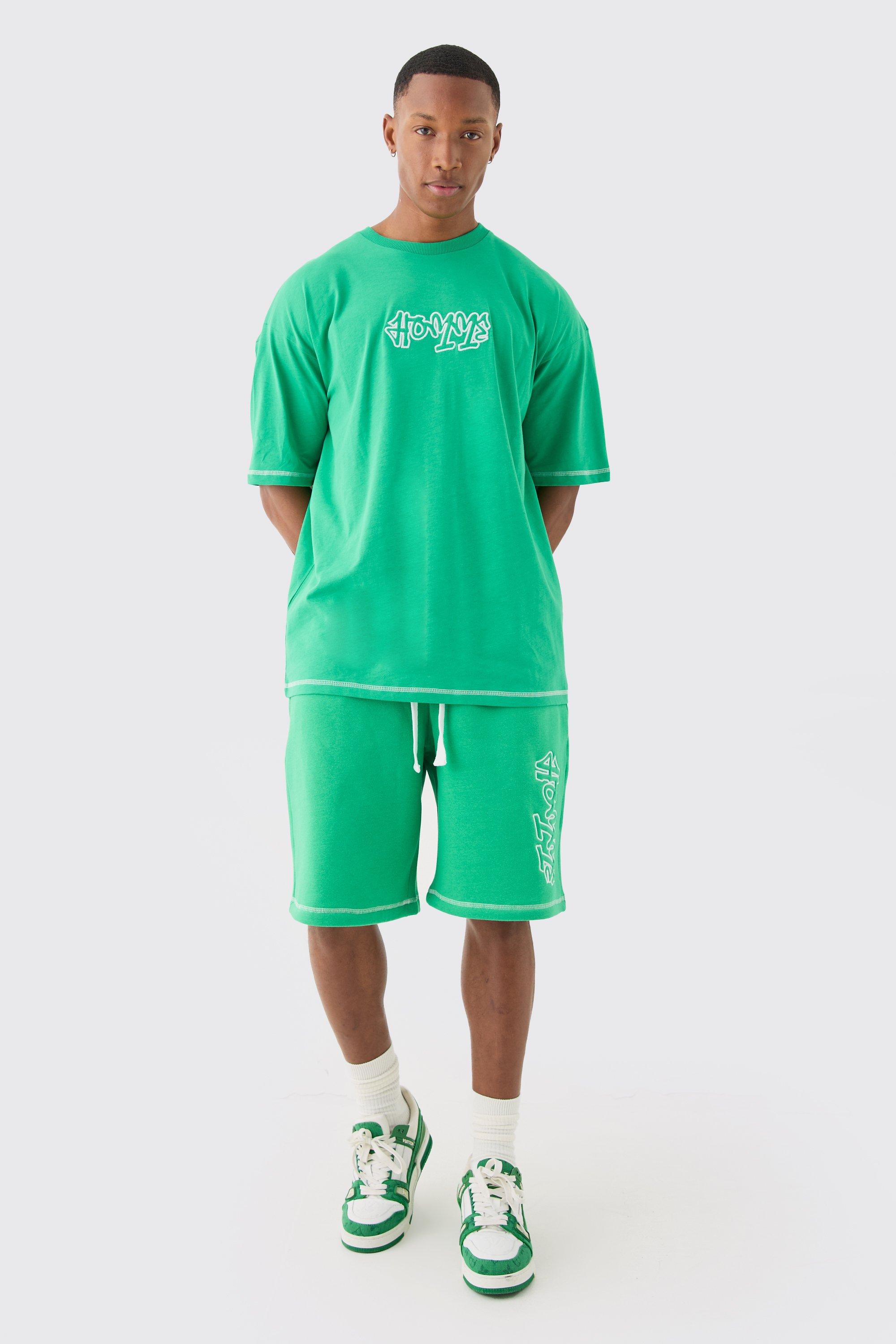 Image of Oversized Contrast Stitch Applique T-shirt & Short Set, Verde