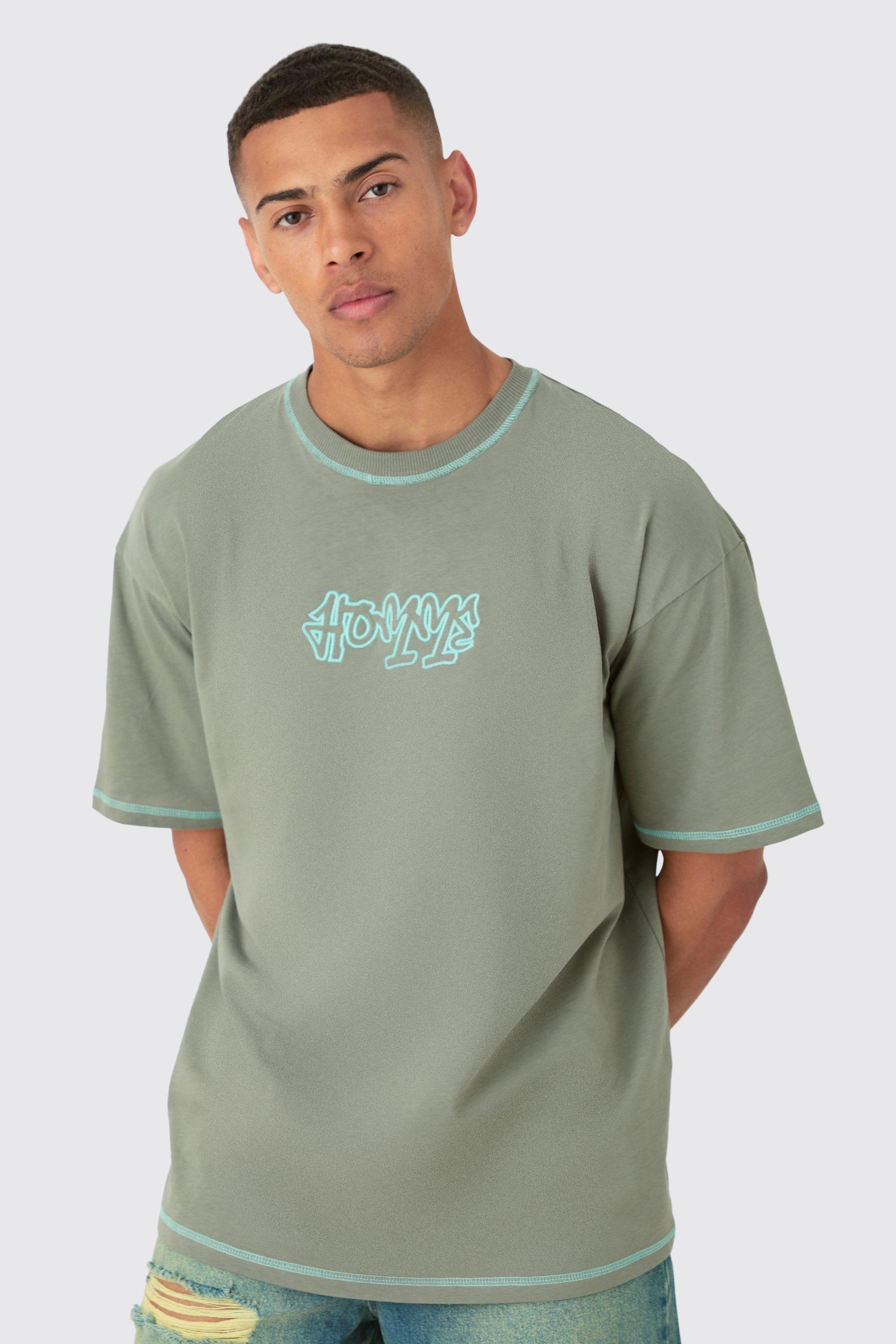 Image of Oversized Contrast Stitch Applique T-shirt, Verde
