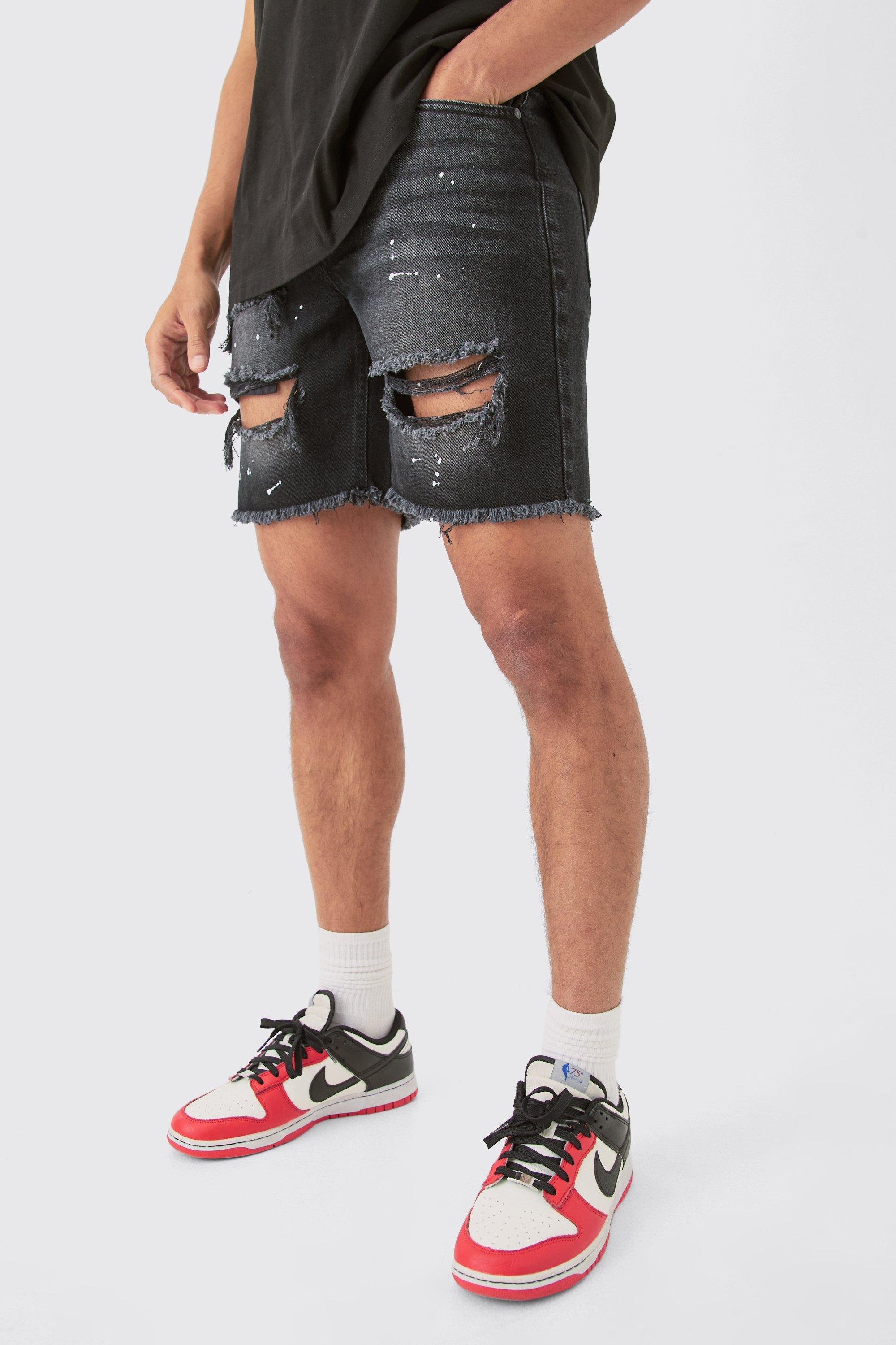 Image of Slim Rigid Ripped Paint Splatter Denim Shorts In Black, Nero