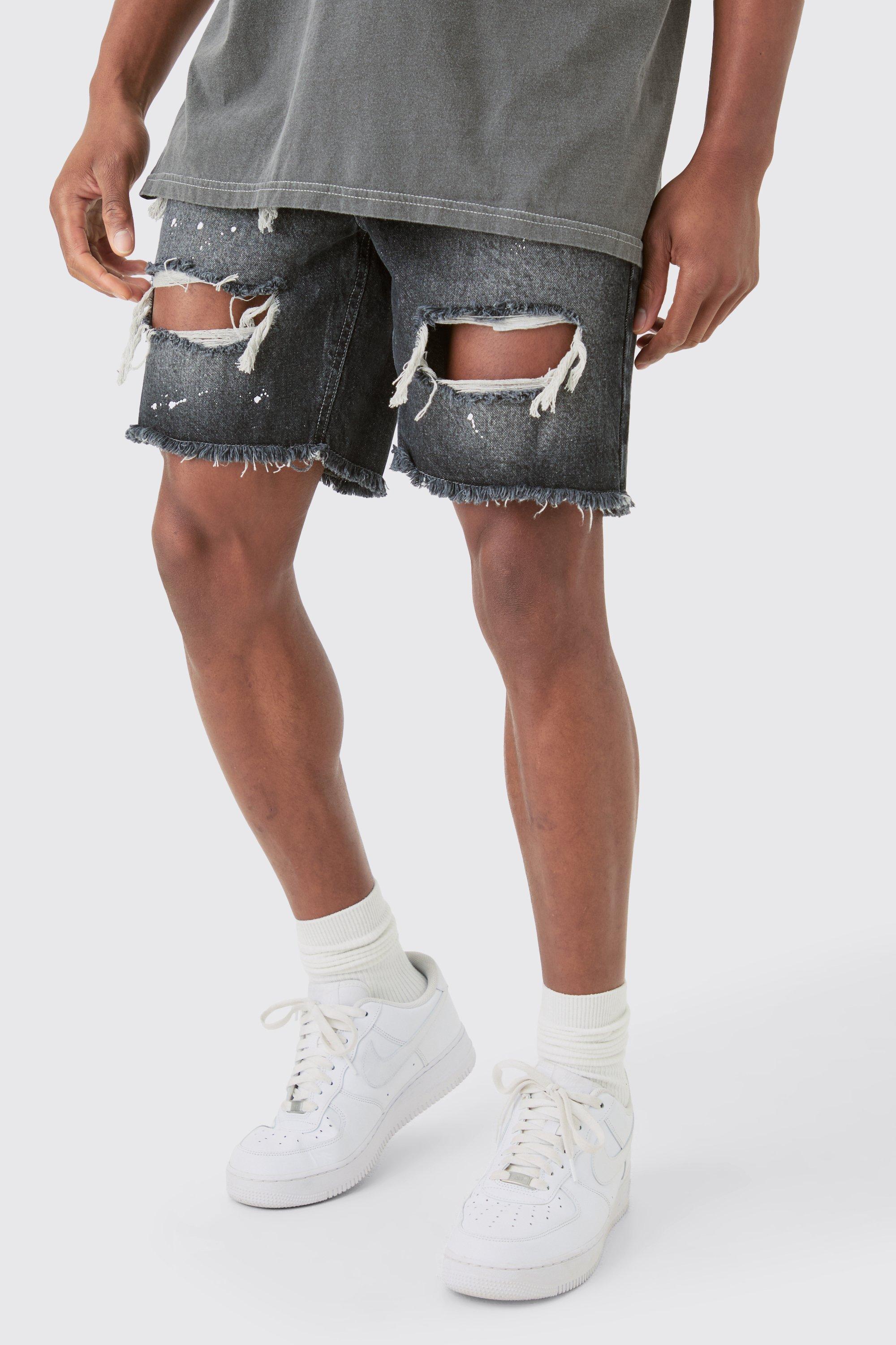 Image of Slim Rigid Ripped Paint Splatter Denim Shorts In Grey, Grigio