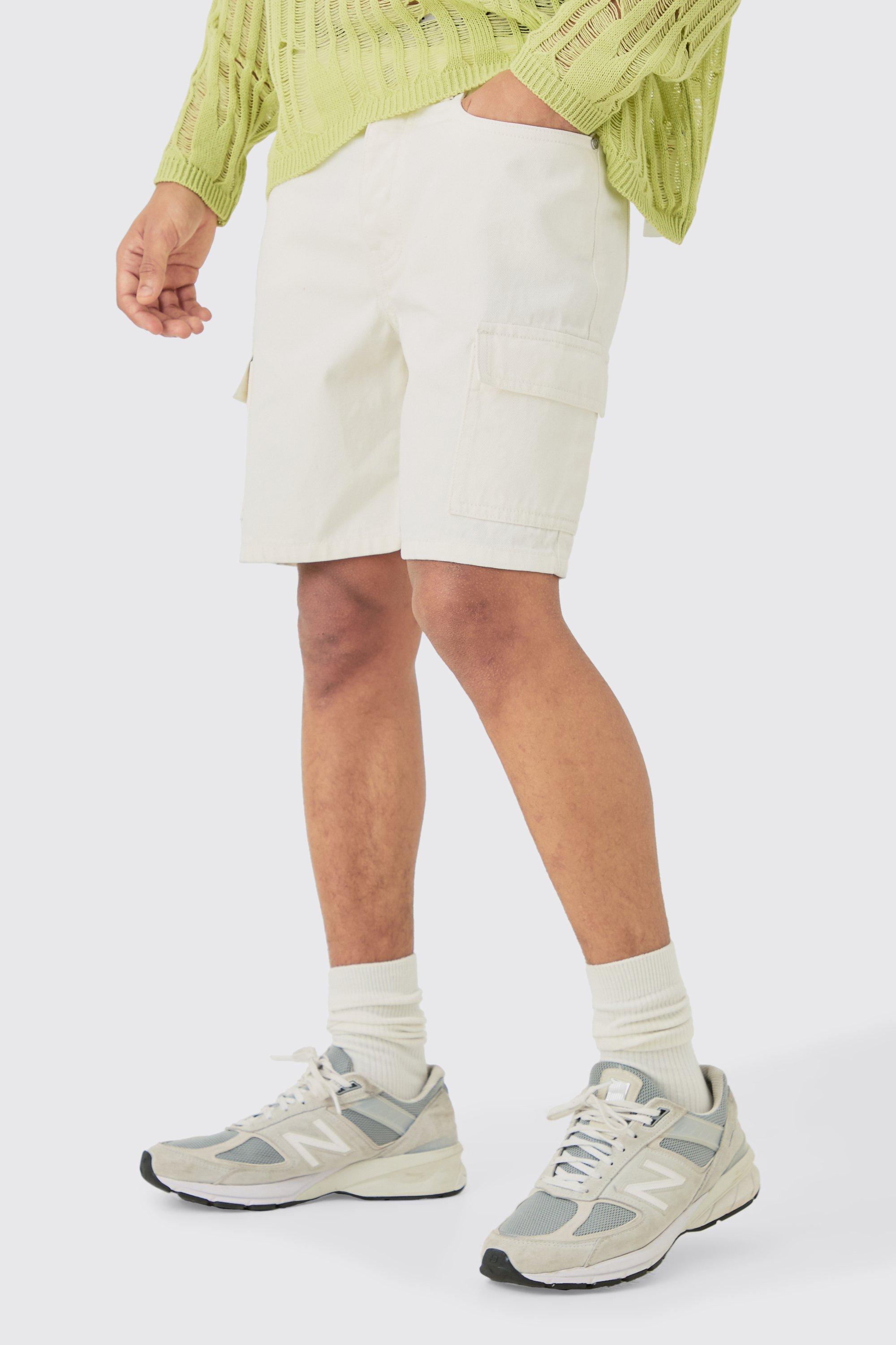 Image of Slim Rigid Cargo Denim Shorts In Ecru, Cream
