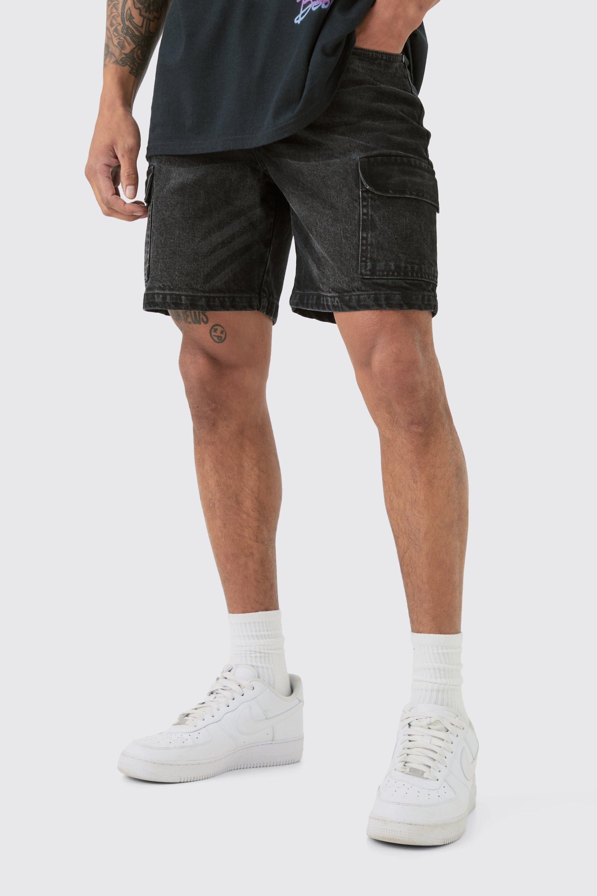 Image of Slim Rigid Cargo Denim Shorts In Black, Nero