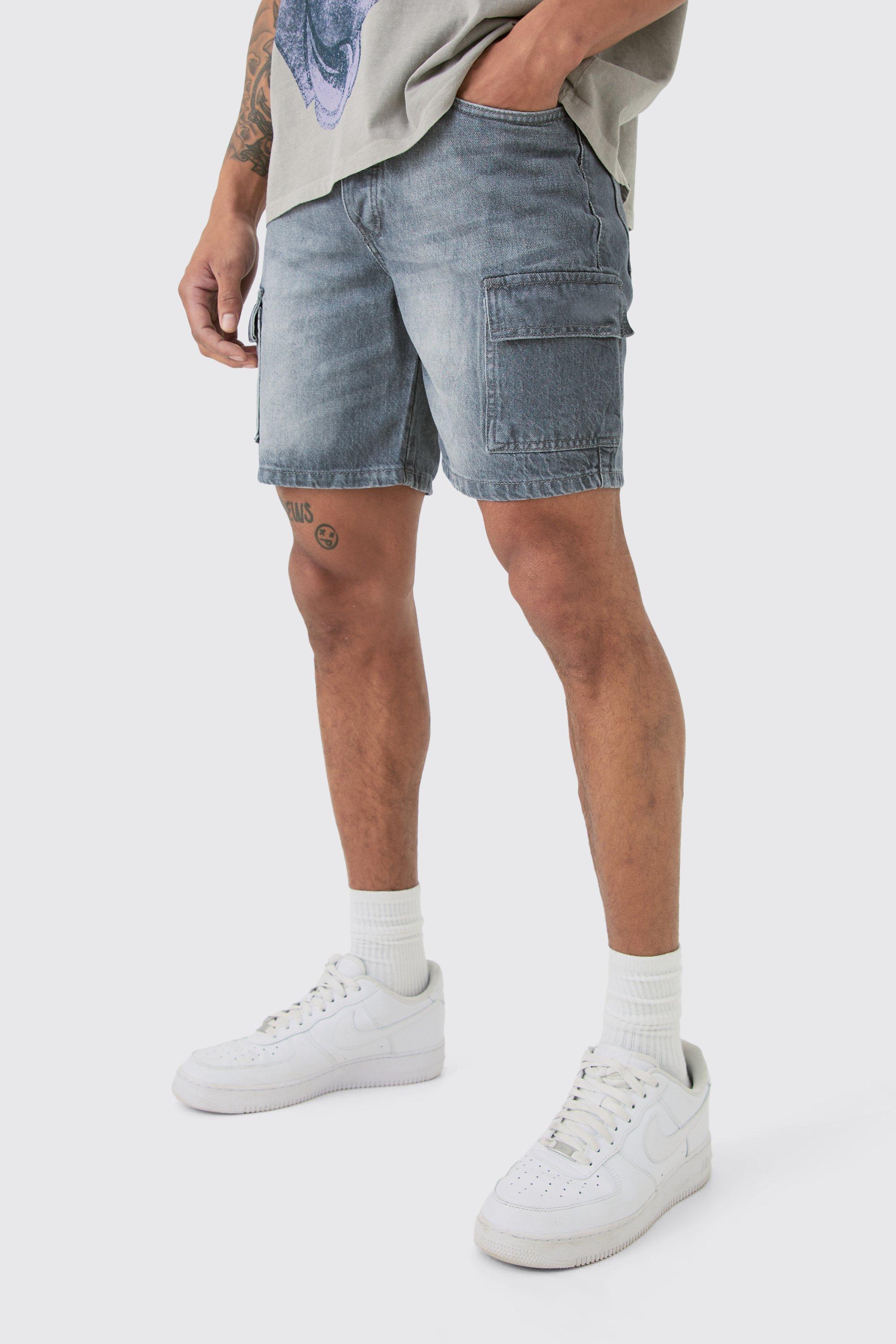 Image of Slim Rigid Cargo Denim Shorts In Grey, Grigio