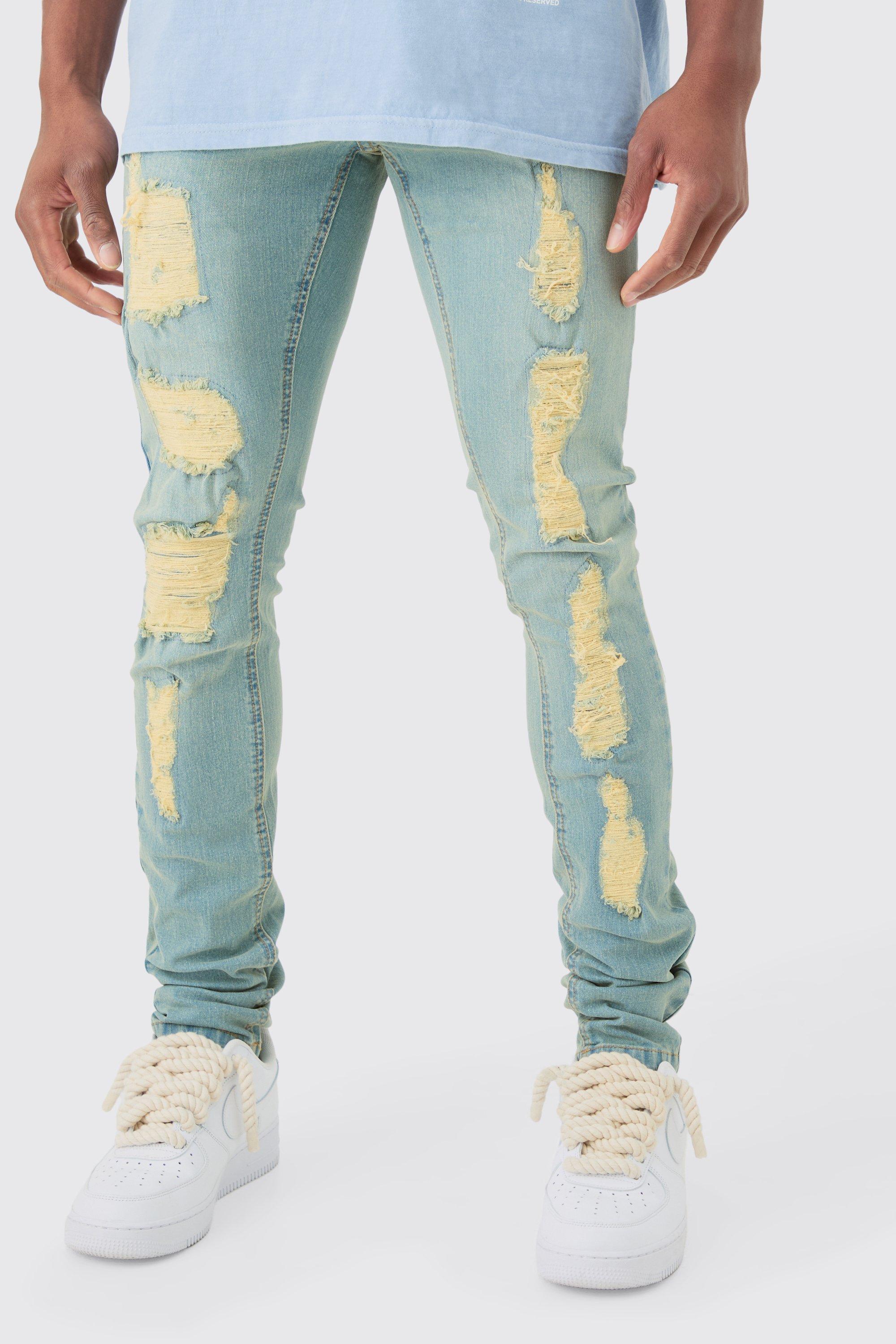 Image of Skinny Stacked Distressed Ripped Jeans In Antique Blue, Azzurro