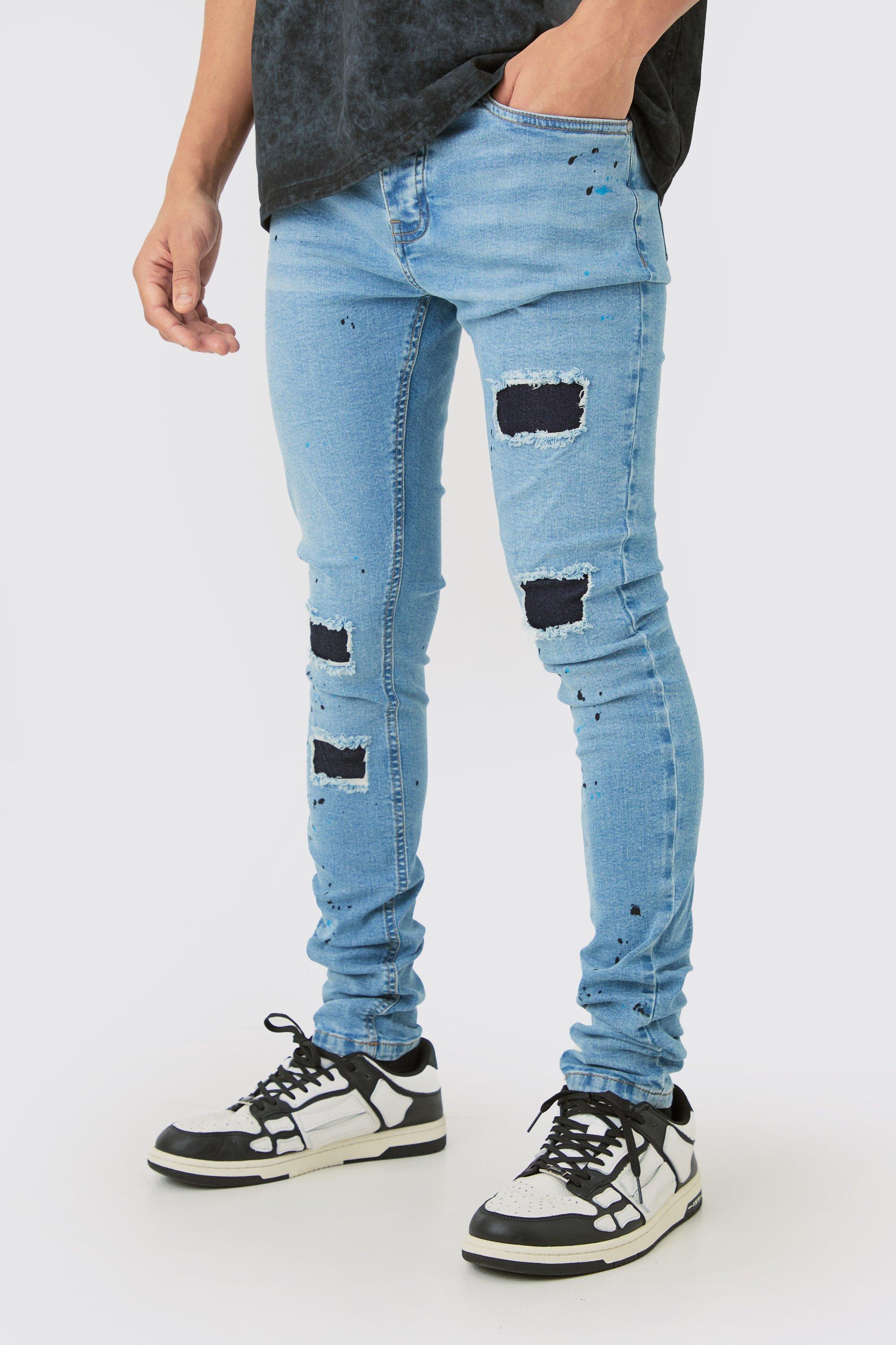 Image of Super Skinny Stretched Stacked Rip & Repair Jean In Light Blue, Azzurro