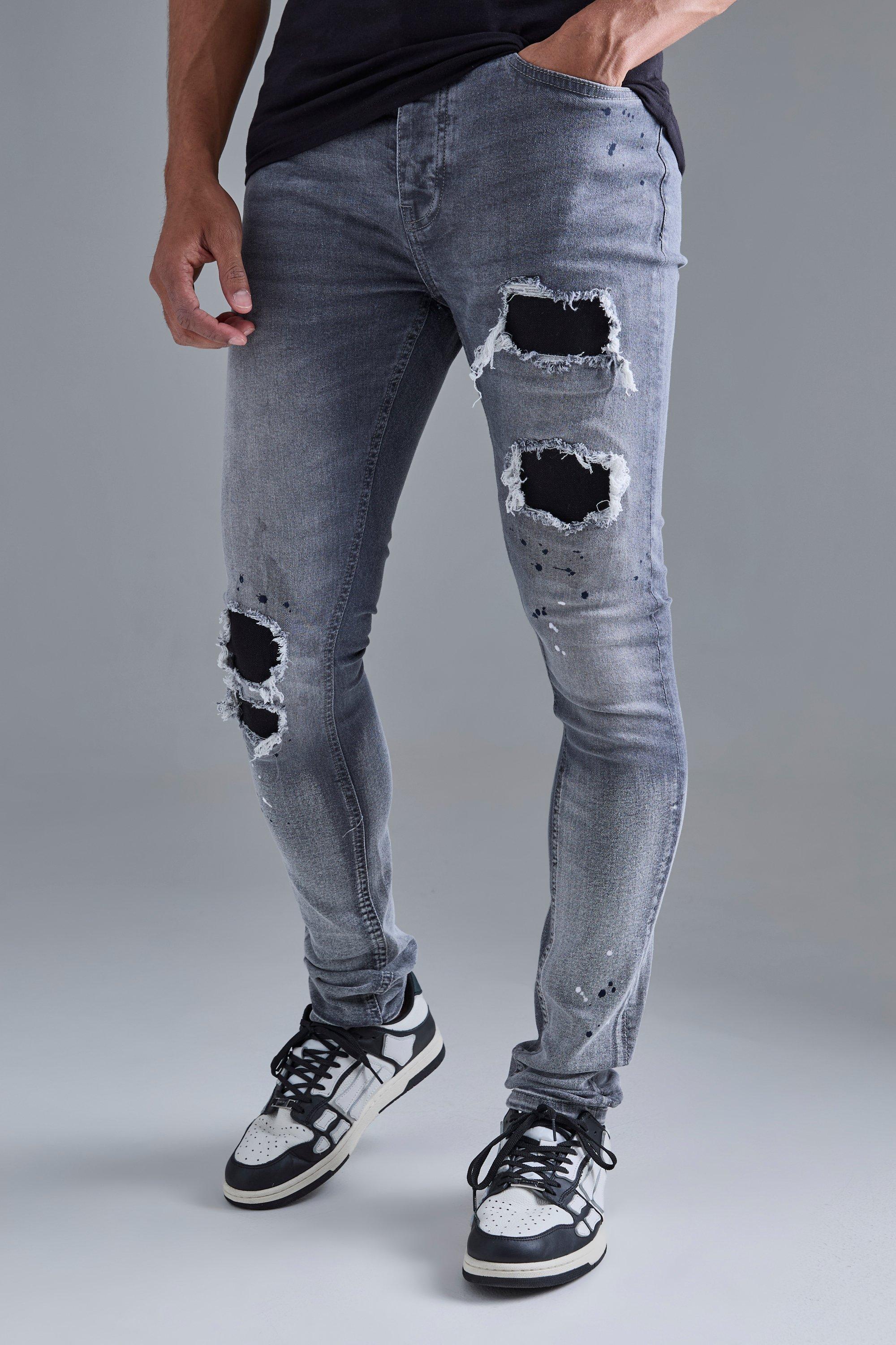 Image of Super Skinny Stretched Stacked Rip & Repair Jean In Mid Grey, Grigio