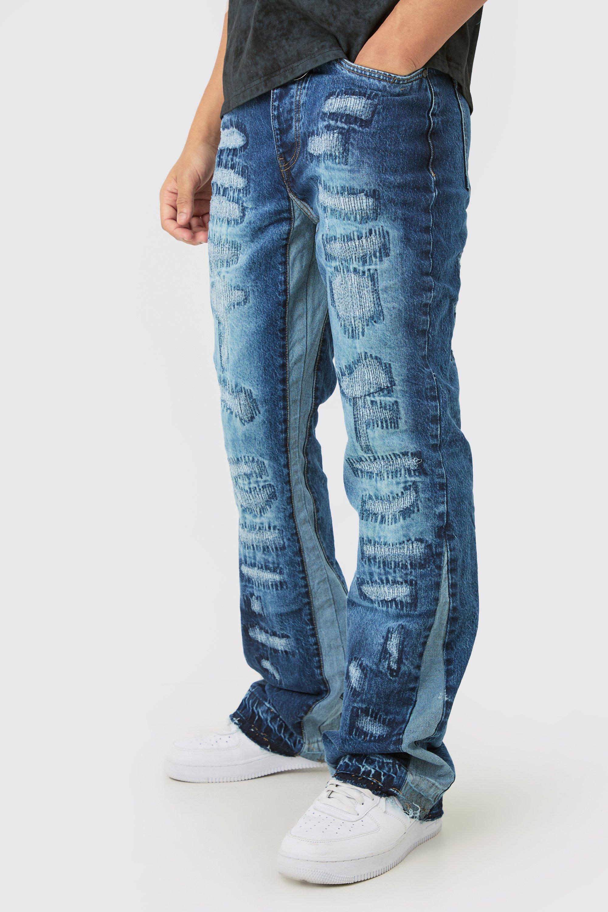 Image of Slim Flare Rigid All Over Rip & Repaired Jeans In Indigo, Azzurro