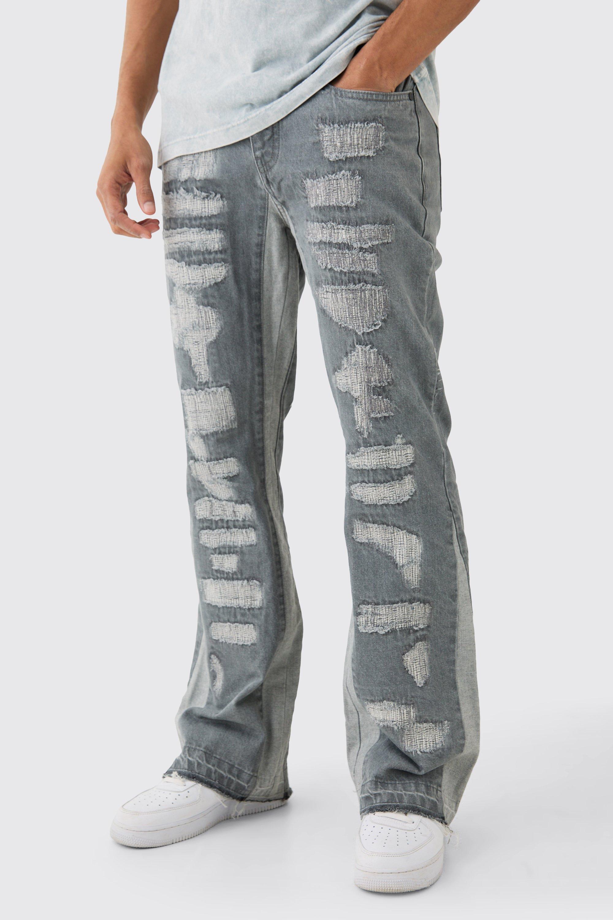 Image of Slim Flare Rigid All Over Rip & Repaired Jeans In Antique Grey, Grigio
